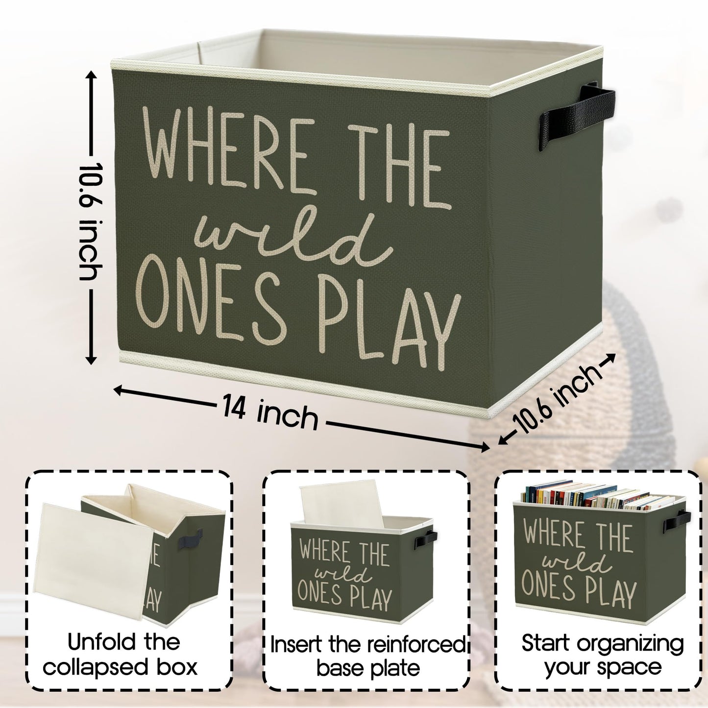 WULQYING Olive Green Boho Classroom Storage Bins Box with Handles, Where the Wild Ones Play Collapsible Basket Organizer for Kids Playroom Nursery Bedroom Bathroom Toys Books Clothes