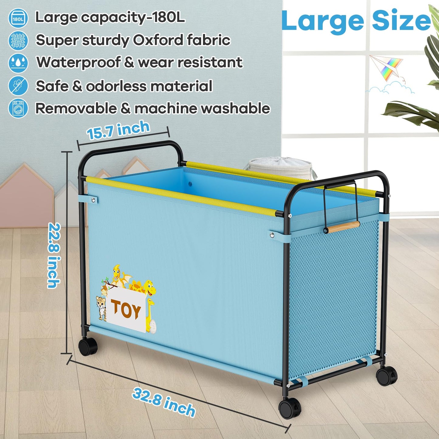 AIJIAMEIER 180L Kids Extra Large Toy Box with Wheels for Boys Girls, 31.5" x 15.7" x 23.2" Big Toy Chest with Handle, Toy Storage Organizer for Living Room Area, Stuffed Animals, Clothes(Blue, 1PC)