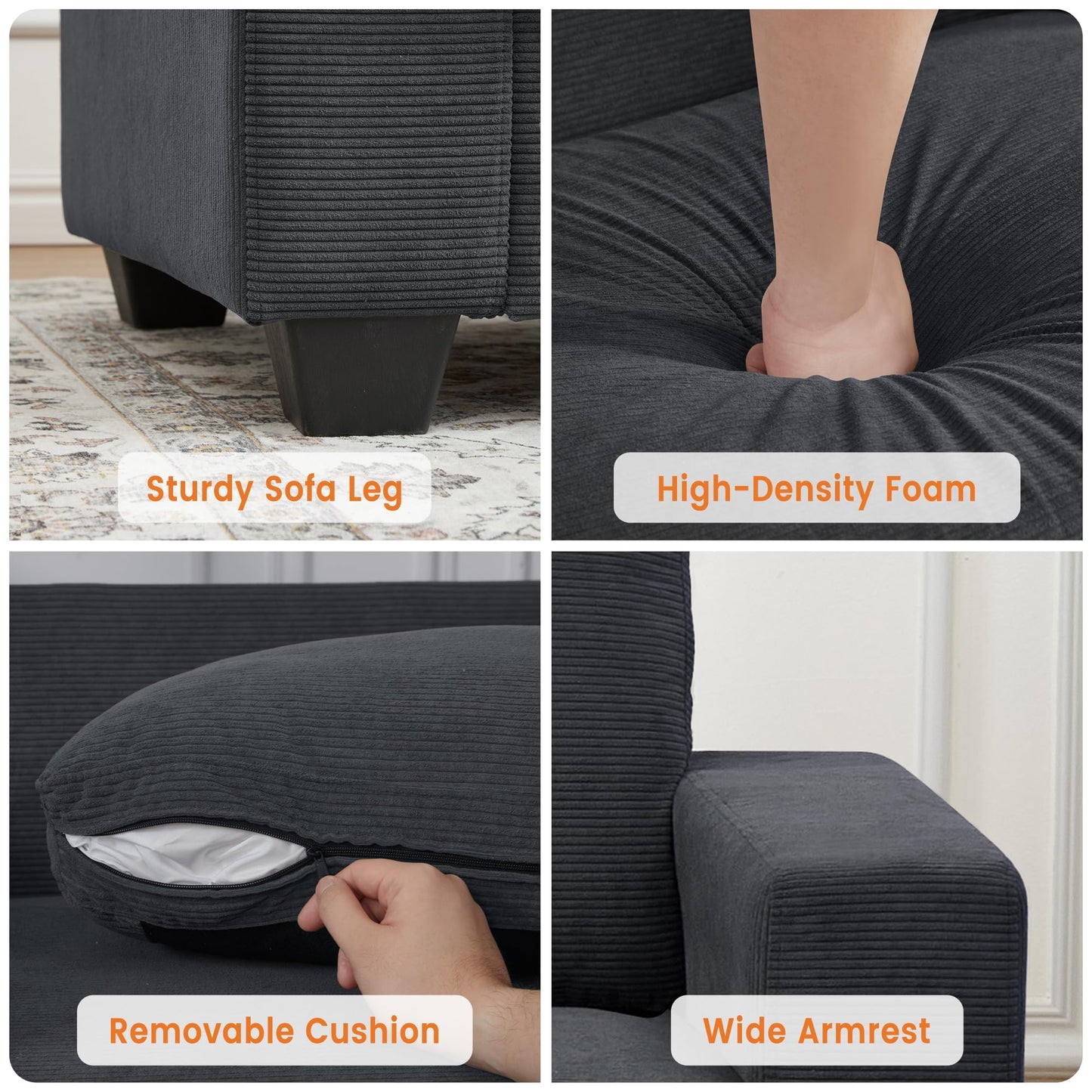 BouPower 84" Corduroy Loveseat Sofa for Living Room, Modern Upholstered Sofa with Wide Armrests, Modern Plush Deep Seat Sofa Couch, Oversized Comfy 3-Seater Sofa for Living Room, Apartment, Grey