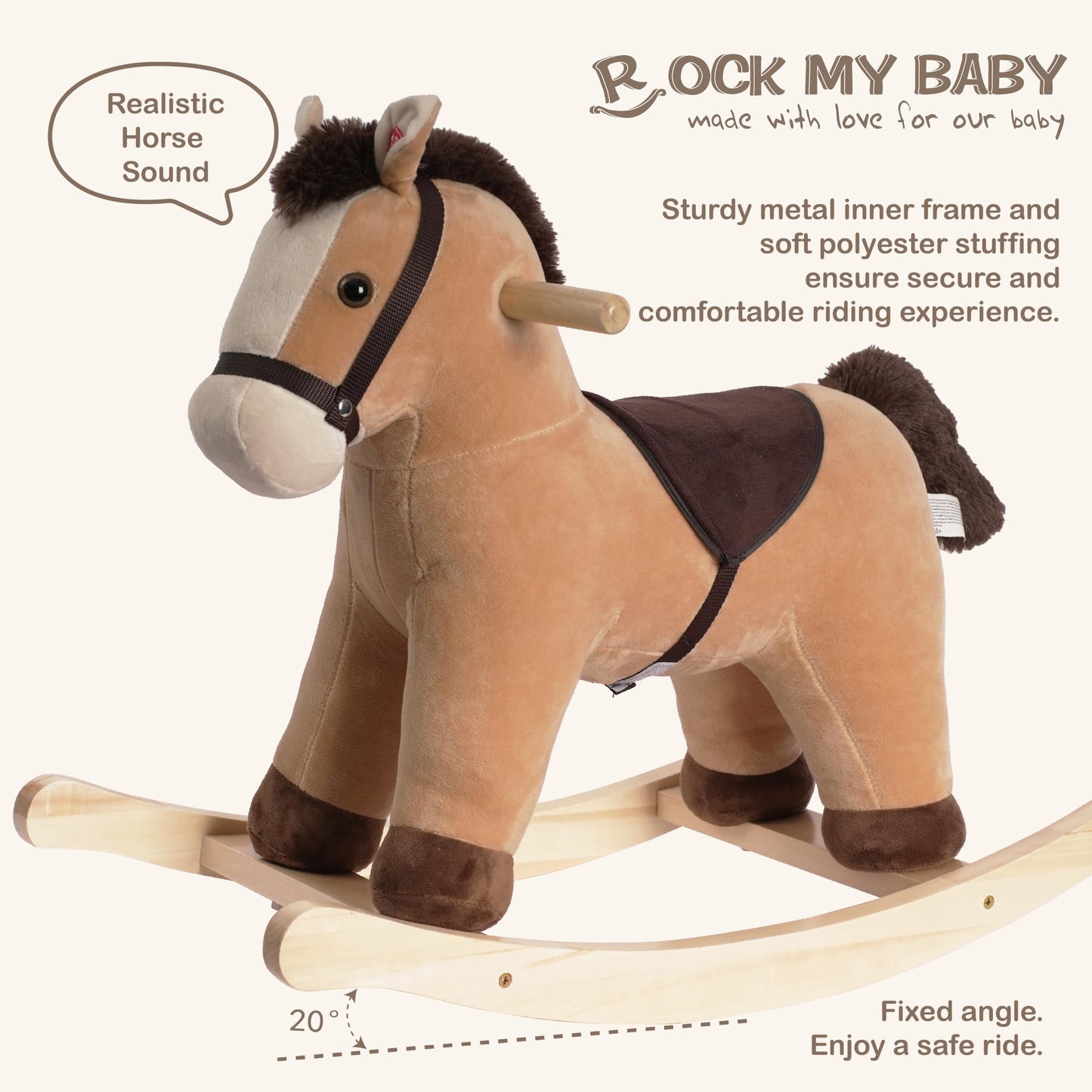 Rock My Baby Rocking Horse, Rocking Animal with Realistic Sound, Stuffed Rocker for Toddlers 18M+, Soft Filling Ride on Pony, Light Brown Horse, CPC Certified
