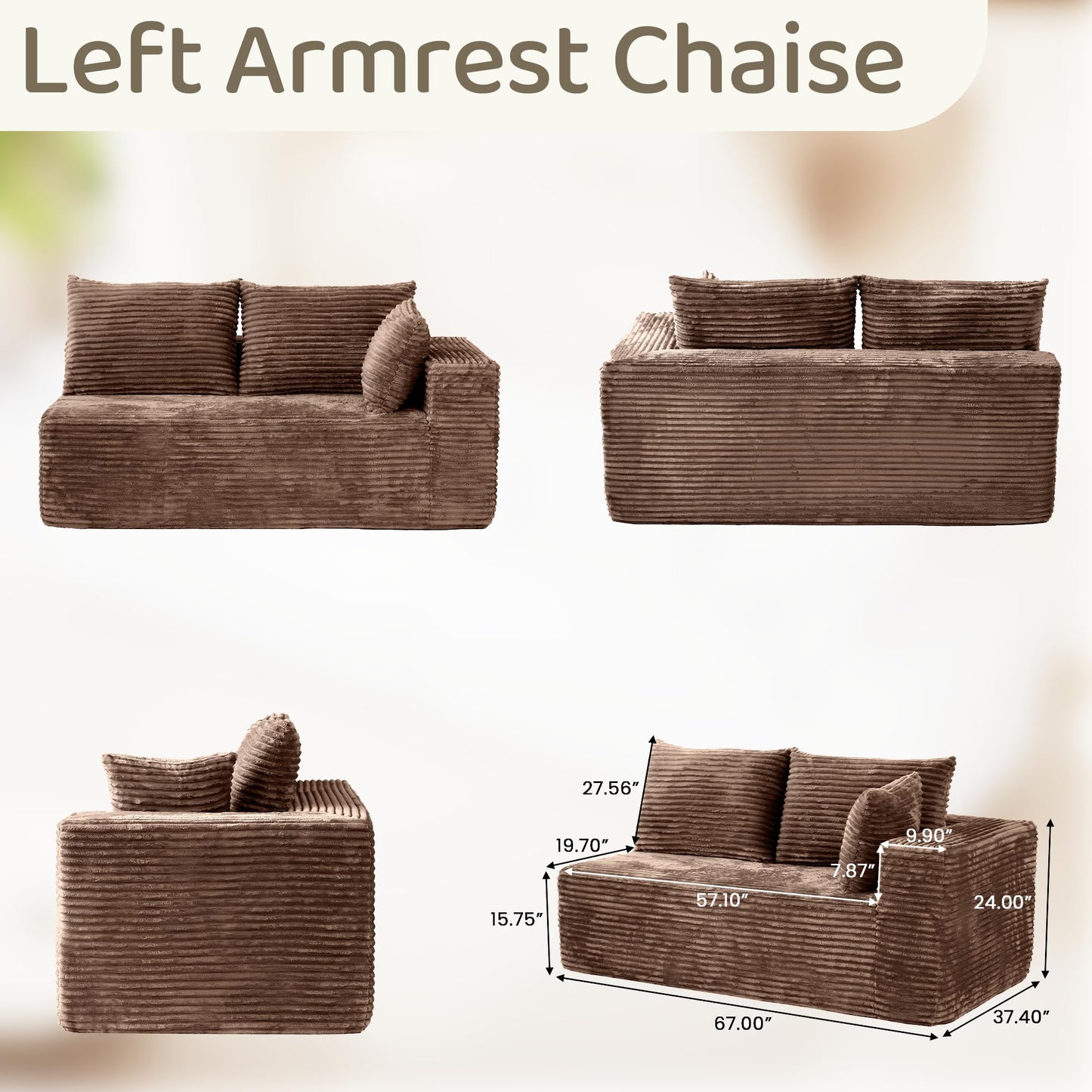 WJShome 134” Modular Sectional Cloud Couches, Upholstered Deep Seat Boneless Sofa for Living Room, Aprartment, No Assembly Required, Brown