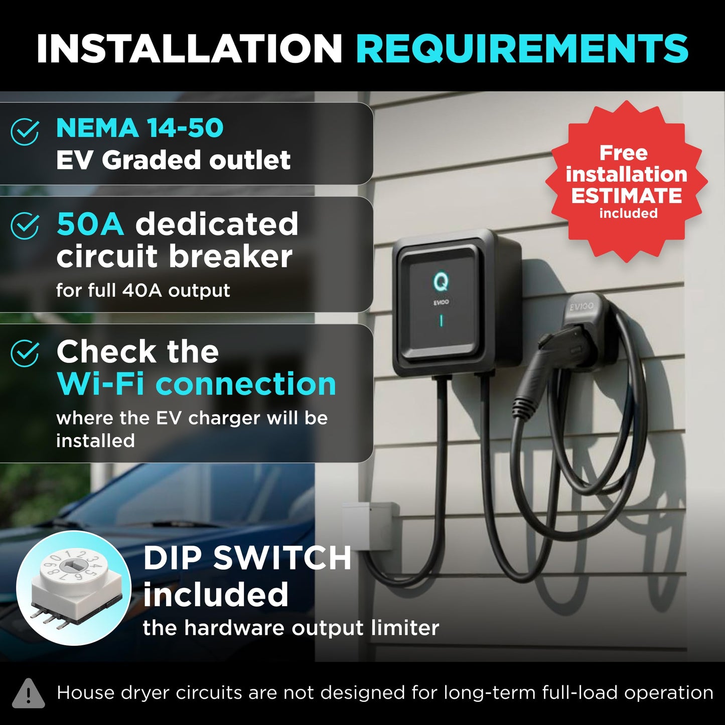 EVIQO Level 2 EV Charger, 40 Amp, J1772 for Non-Tesla EVs, 25ft Cable, WiFi (2.4GHz) Smart App, Weatherproof Indoor/Outdoor (IP66, NEMA 4), UL & ETL Certified, NEMA 14-50 Plug-in 240V, 9.6kW