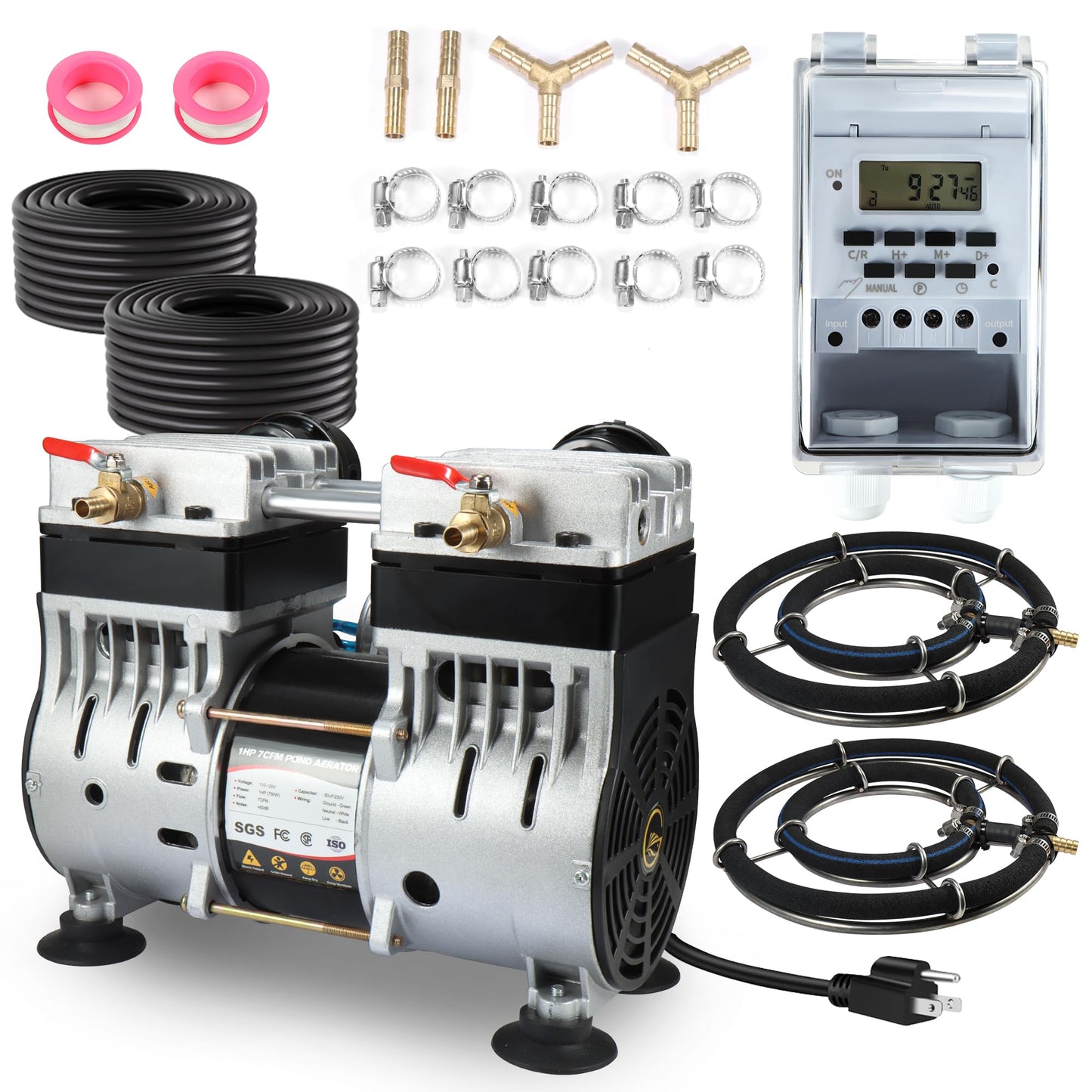Goldlife Pond Aerator, 1HP 750W 110V/120V 7CFM Aerartion System for Up to 5 Acre Lake, With Air Compressor & 2 100FT Tubings & 2 Diffusers & Timer, for Outdoor Ponds Water Oxygen Circulation