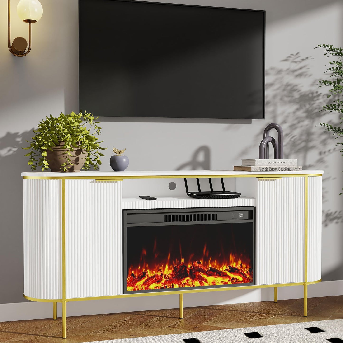 White Fireplace TV Stand: 70" Modern Luxury Fluted Electric Fireplace Heater Entertainment Center Fits TVs Up to 80 Inch, Faux Marble Top TV Console with Fireplace (White, 70 Inch Fireplace TV Stand)