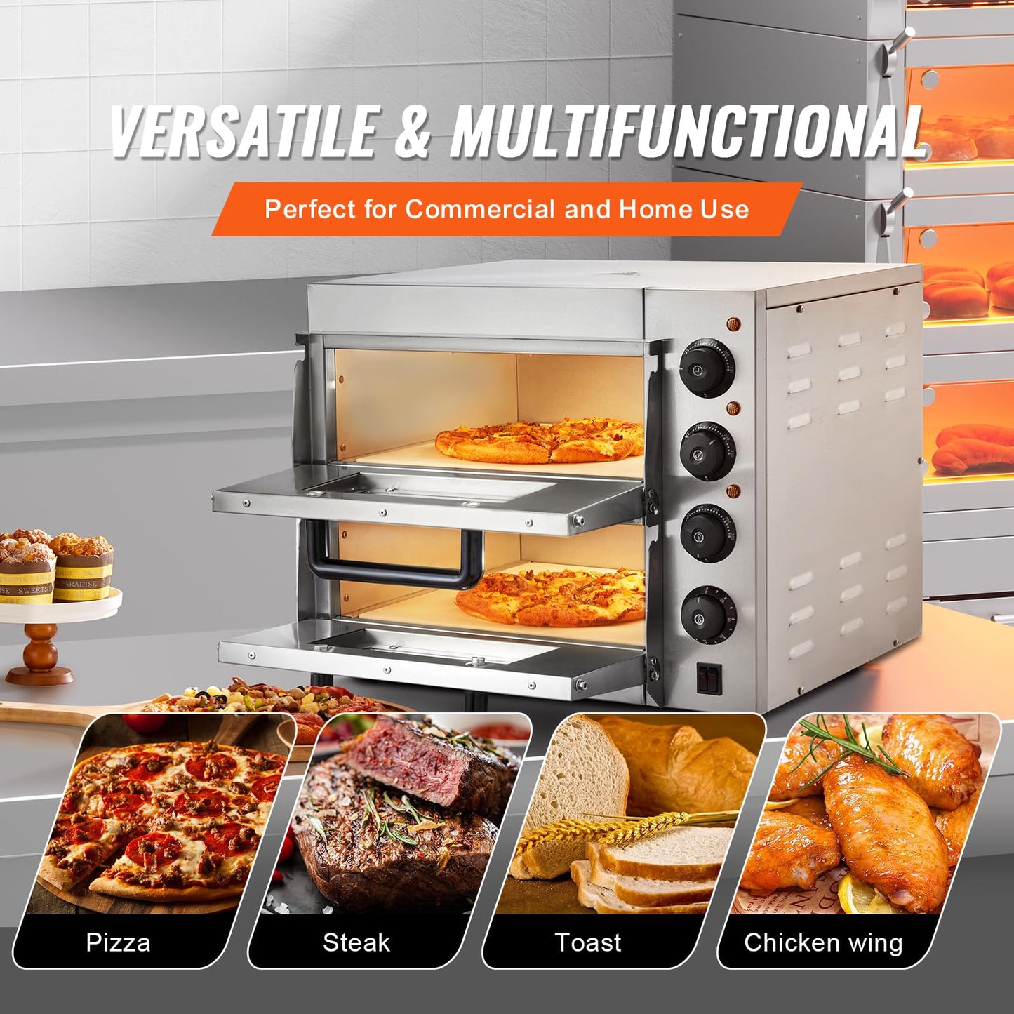 VEVOR Commercial Pizza Oven Countertop, 14" Double Deck Layer, Stainless Steel Electric Pizza Oven with Stone and Handle, Multipurpose Indoor Pizza Maker for Restaurant Home Pretzels Baked