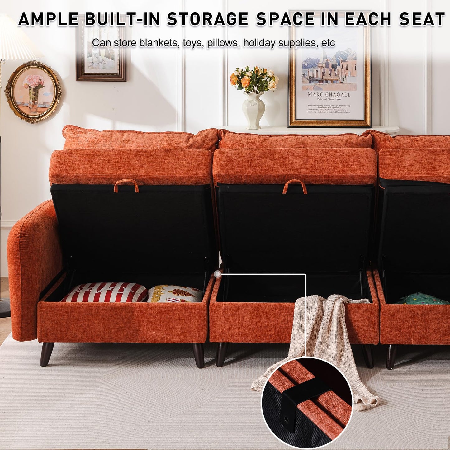 Rexulqo 104'' Modular Sectional Sofa with All Seats Storage,Oversized 3-Seater Comfy Cloud Couches with Deep Seat,Big Couch for Living Room,Bedroom,Velet,Orange