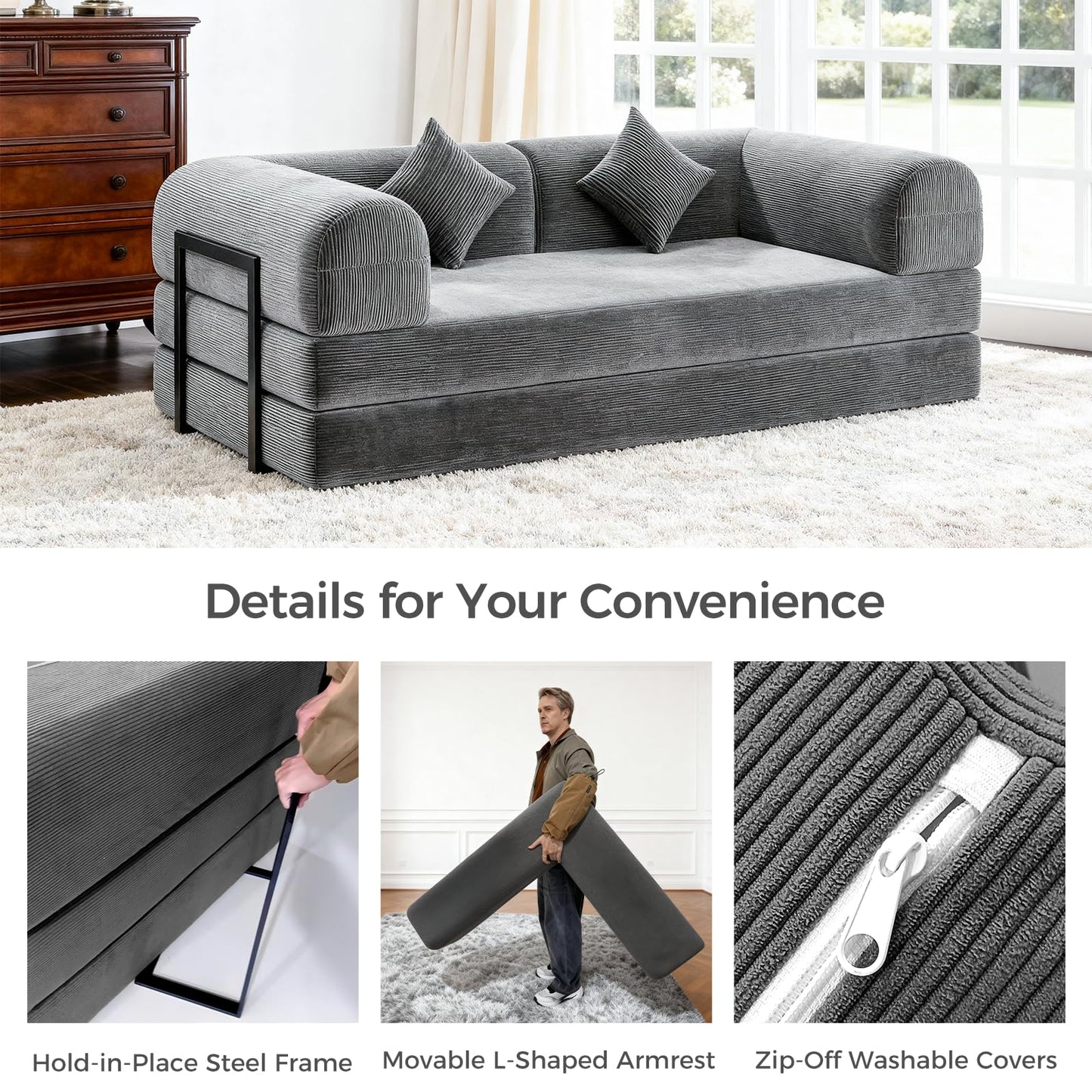 HipyMo 4-in-1 Folding Convertible Sofa Bed, 78 Inch Boneless Couch with Fixed-Shape Frame, Loveseat Sleeper with Pull Out Bed, Floor Sofa Modular Futon Couch for Living Room Bedroom Lounge (Gray)