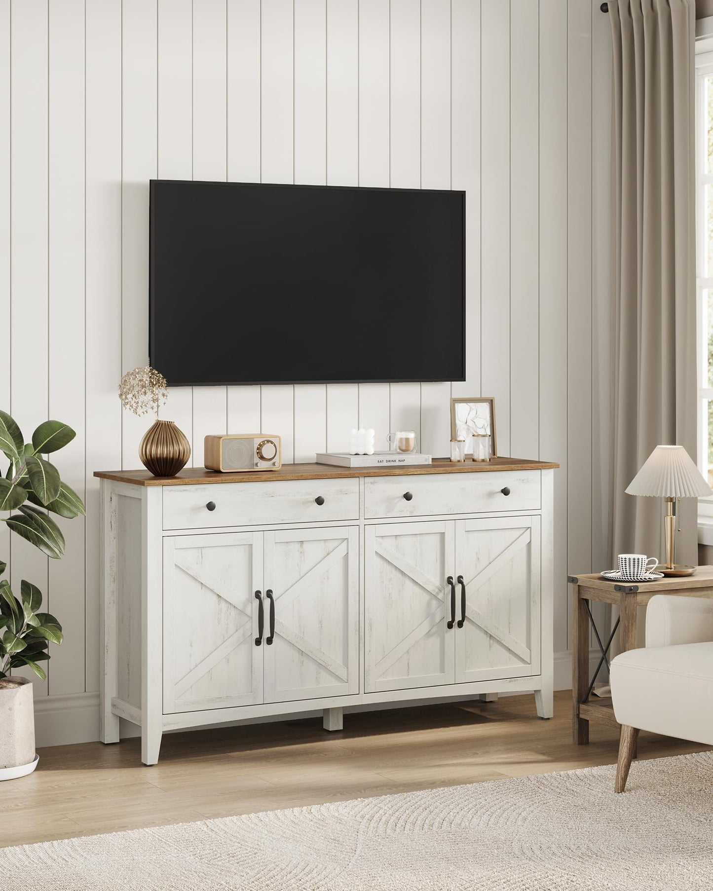 VASAGLE LIRY Collection - Buffet Cabinet, Coffee Bar Cabinet with 2 Drawers, Adjustable Shelves, Sideboard Storage with Cable Holes, Drawer Dividers, Rustic White and Honey Brown UBBK381W01