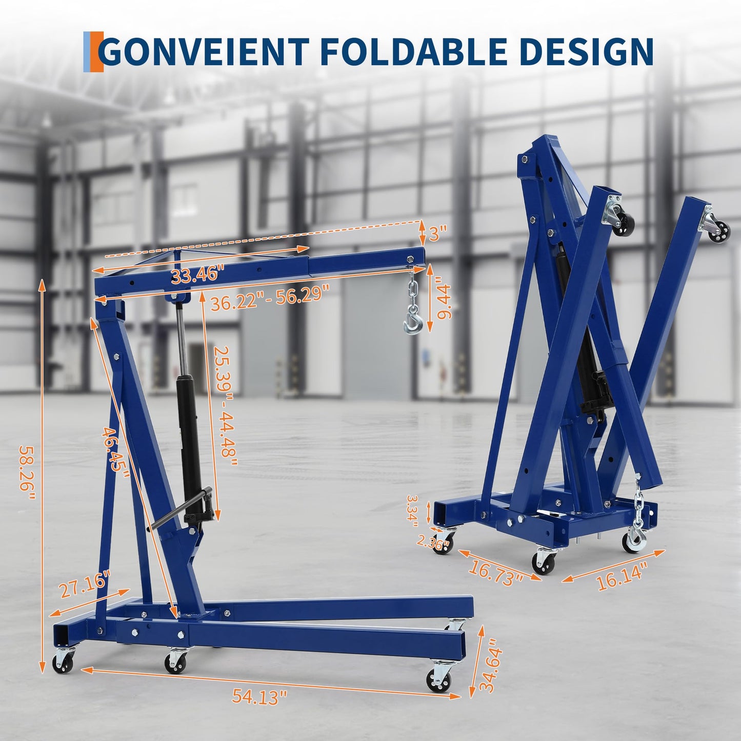 GarveeTech Engine Hoist Cherry Picker, 2 T Folding Hydraulic Engine Hoist with Telescopic Boom & 6 Casters, Heavy Duty Shop Crane Lifting Cherry Picker for Workshops Garage, Blue