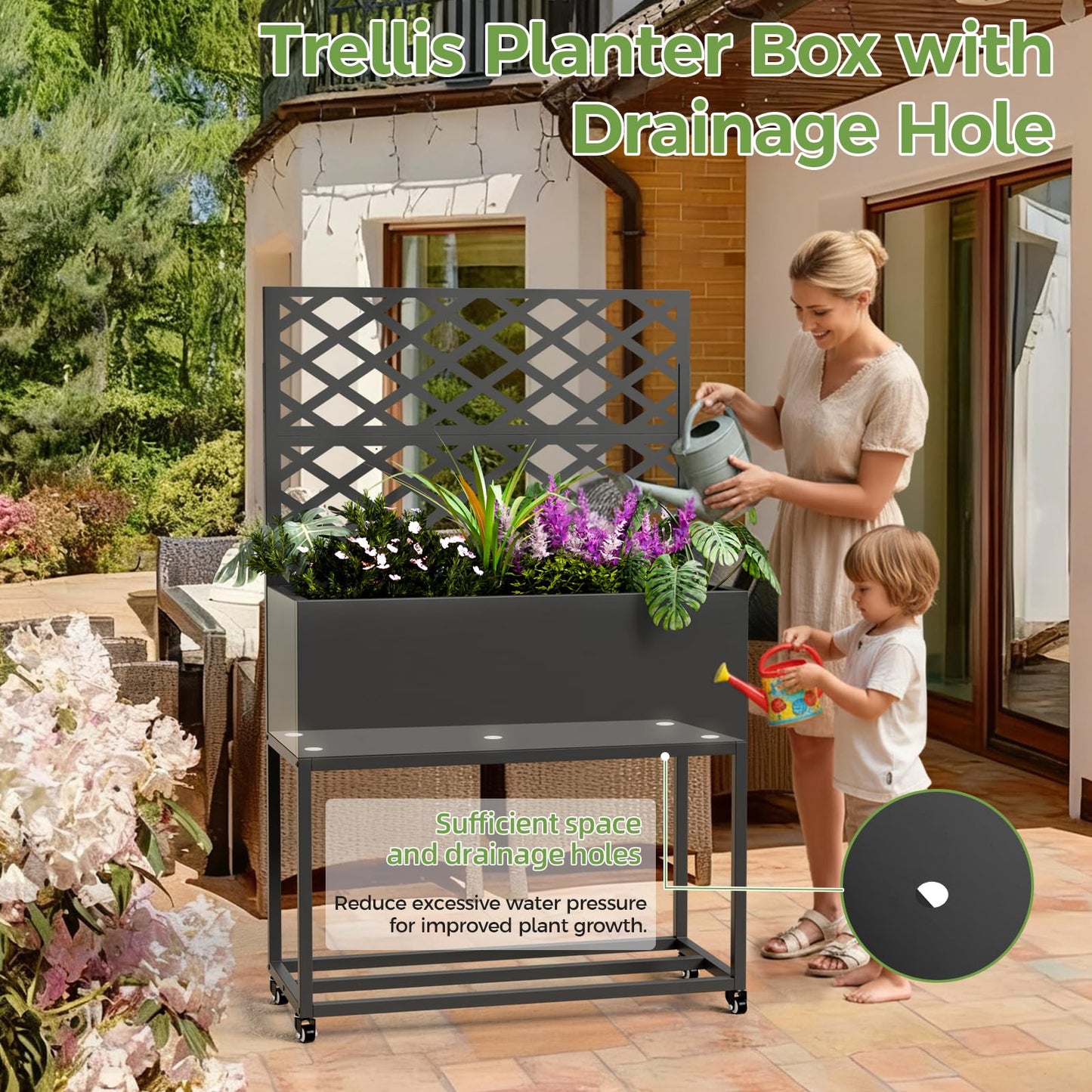 Diyfire Metal Planter Box with Trellis, 55"x35"x16"Metal Raised Garden Bed with Drainage Holes, Raised Garden Beds Outdoor, Privacy Planters Trellis for Climbing Plants, Patio,Garden, Wheels, Black