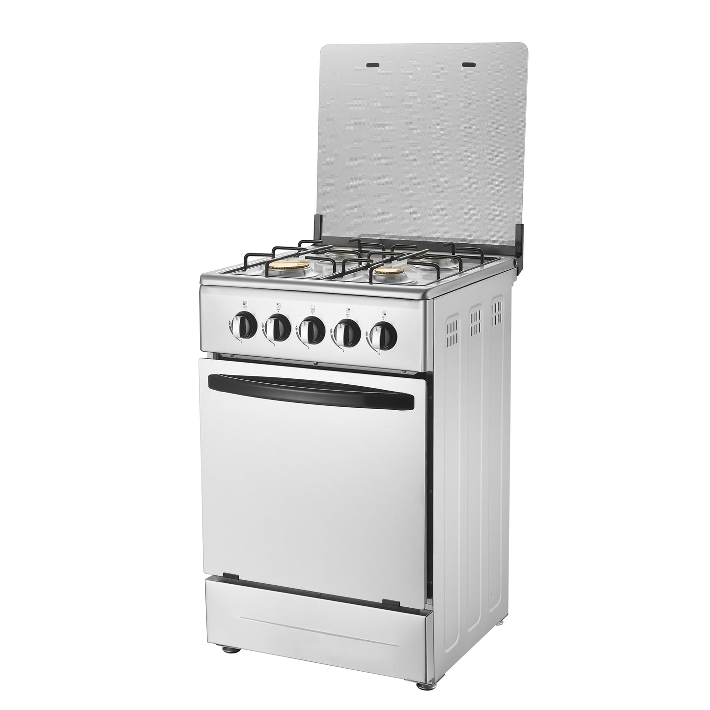 20" Free Standing Gas Stove Oven Range,4 Burner LPG Cooktop with 65L Oven, 201 Stainless Steel Body, Double Layer Mirror Surface Tempered Glass Door, Compact Design for Kitchen (NG-LPG Conversion Kit)