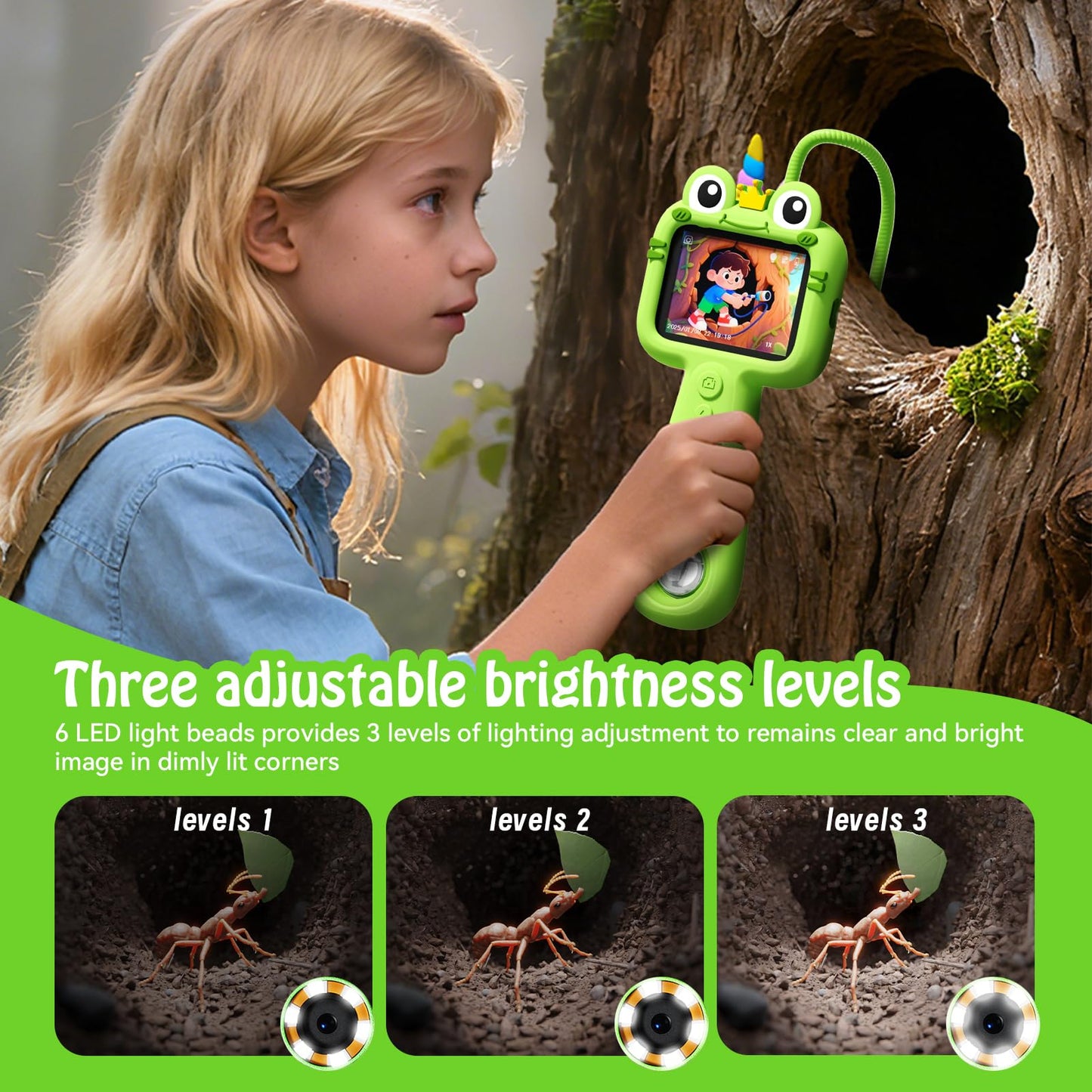 Kids Borescope with Light Borescope Snake Camera for Kids Rechargeable STEM Science Educational Outdoor Toy with 32GB Card Nature Exploration Birthday Gift for Boys & Girls Ages 4,5,6,7,8,9,10,11,12