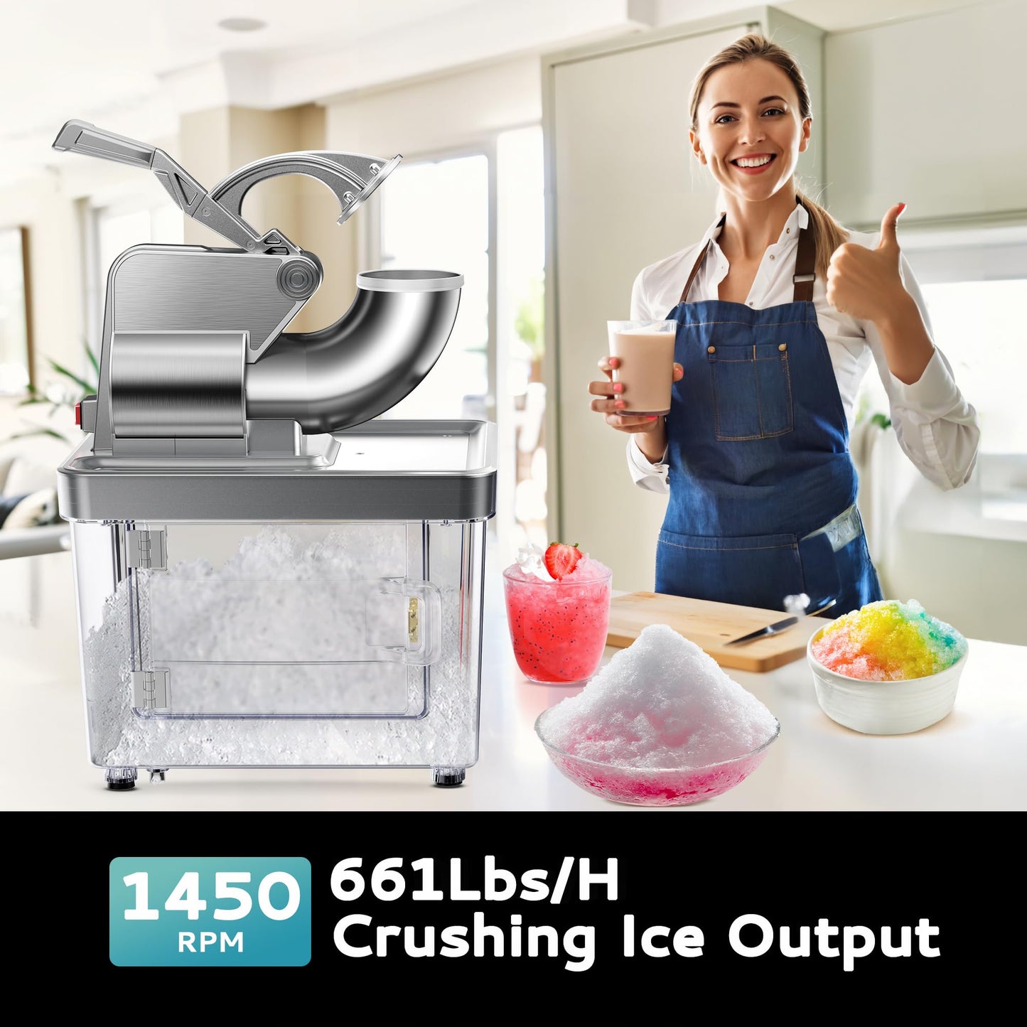 EUHOMY Snow Cone Machine, 661 Lbs/H Commercial Shaved Ice Machine with 34L Large Capacity, 300W Electric Ice Shaver with Dual Blades, ETL Certified Snow Cone Maker for Home & Commercial Use (Silver)