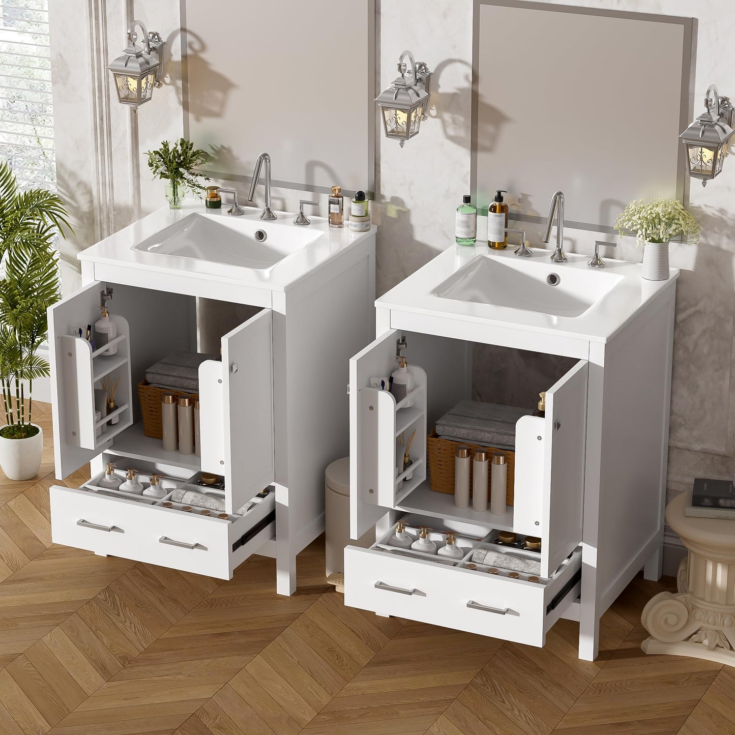 Favfurish 48" Bathroom Vanity with Ceramic Double Sink, Undermount Double Basin Vanity Set w/2 Divided Drawers and 4 Double-Layer Soft Close Doors & Built-in Shelf, Freestanding Storage Cabinet,White