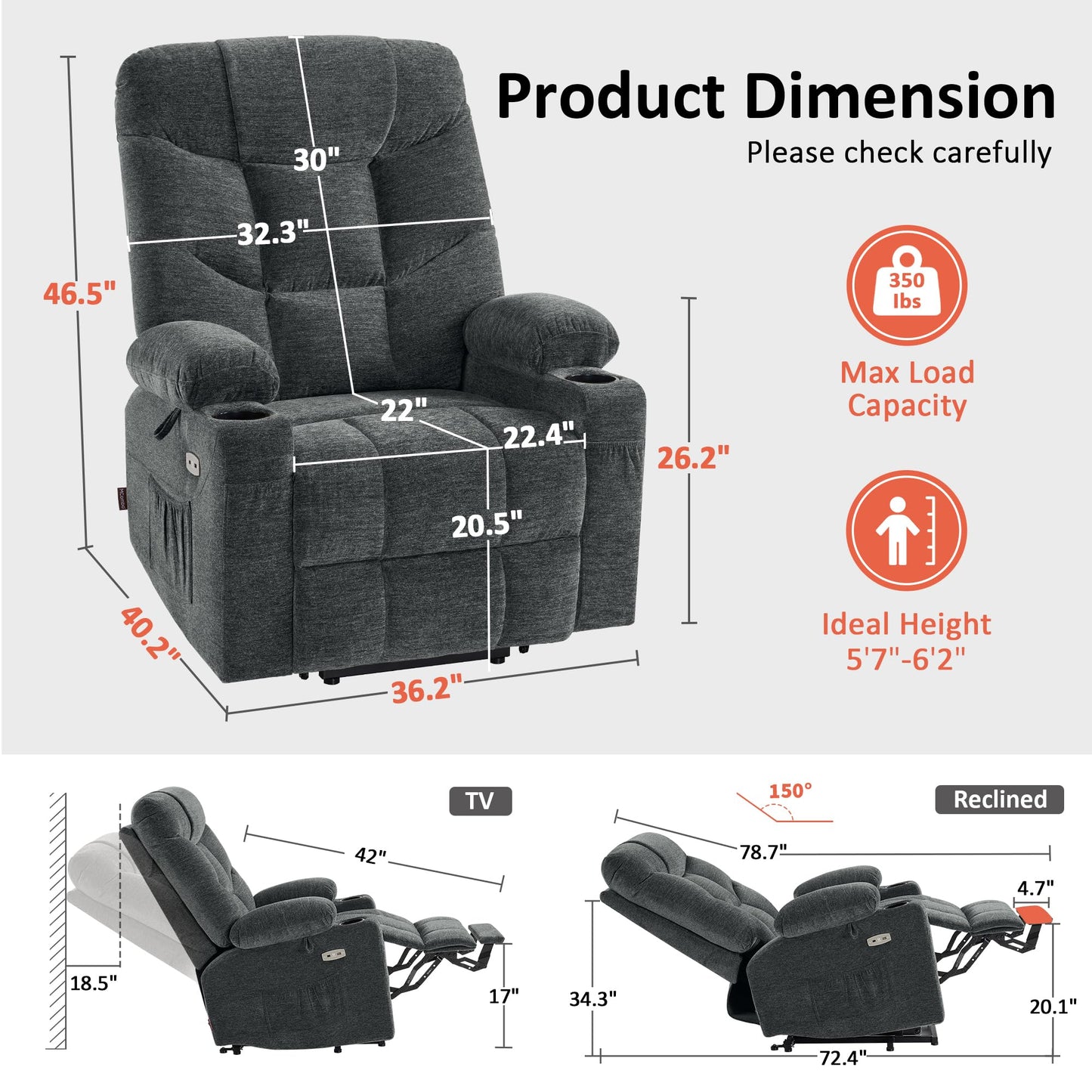 MCombo Power Lift Recliner Chair with Extended Footrest for Elderly People, Fabric 7283 (Dark Gray, Large)