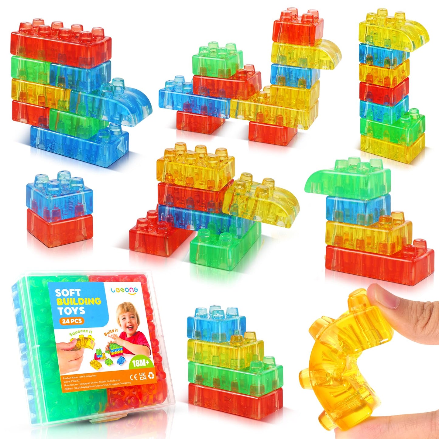 LESONG Sensory Building Toys for Toddlers: 24PCS Squeezable Silicone Stacking Toys – Early Learning Construction Playset for Preschool Manual Skills, Birthday Gifts