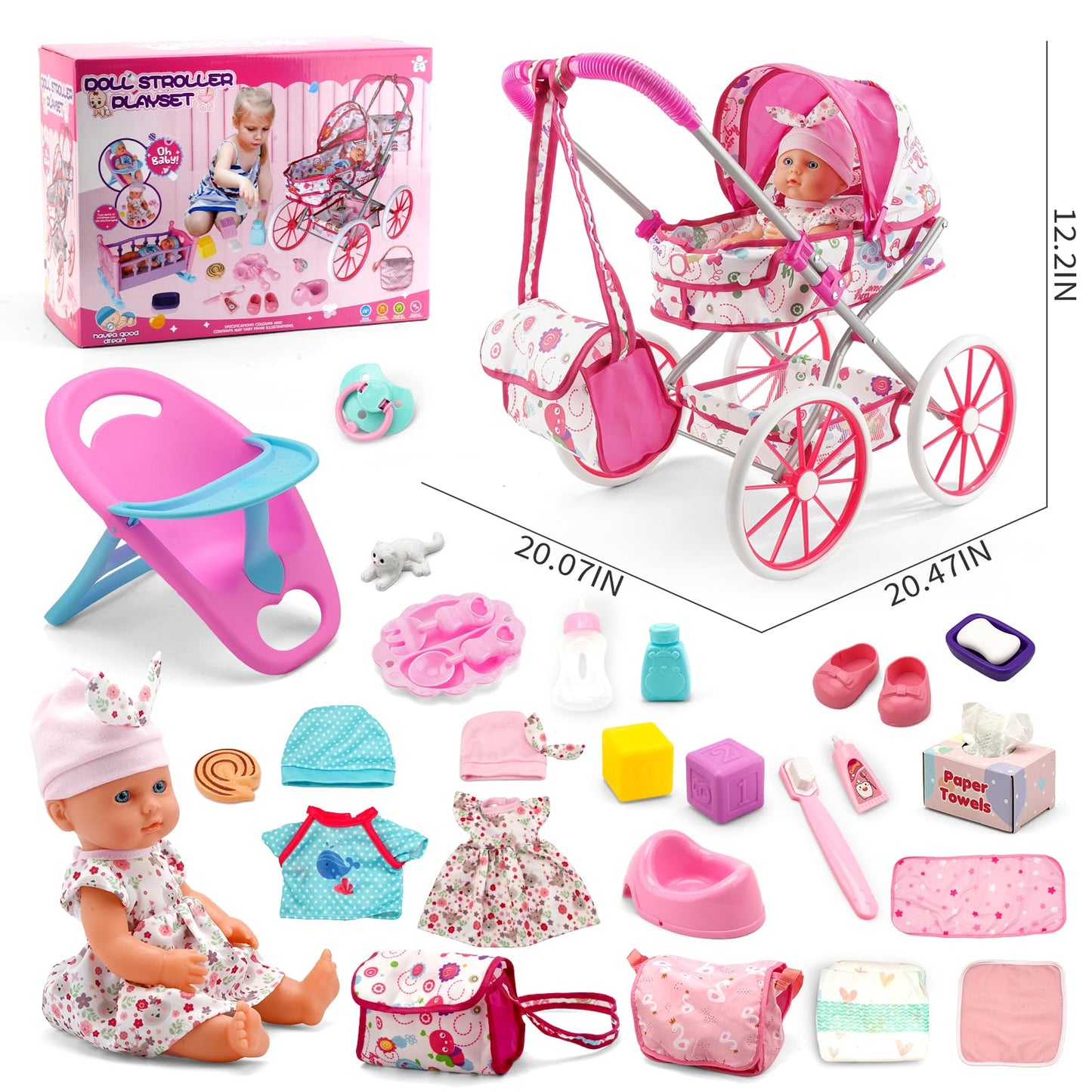 Baby Doll Stroller Toys Set W/ 13'' Baby Doll, Doll's Bed, Dining Chair, 26 PCS Doll Accessories & 2 Set Clothes, Baby Stroller Toys for 3 4 5 Year Old Girl Birthday Gift, Pretend Playset for Toddler
