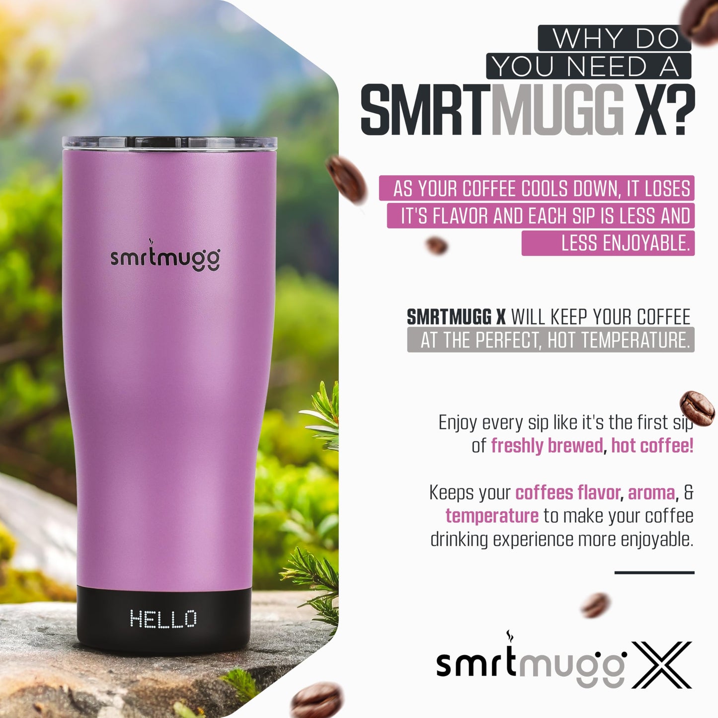 SmrtMugg X Heated Coffee Mug 19 oz., 8 Hour Battery Life, Self-Heating, Adjustable Temp Controlled, LCD Screen, Includes Cover with Magnetic Slider (Black) (Lilac)