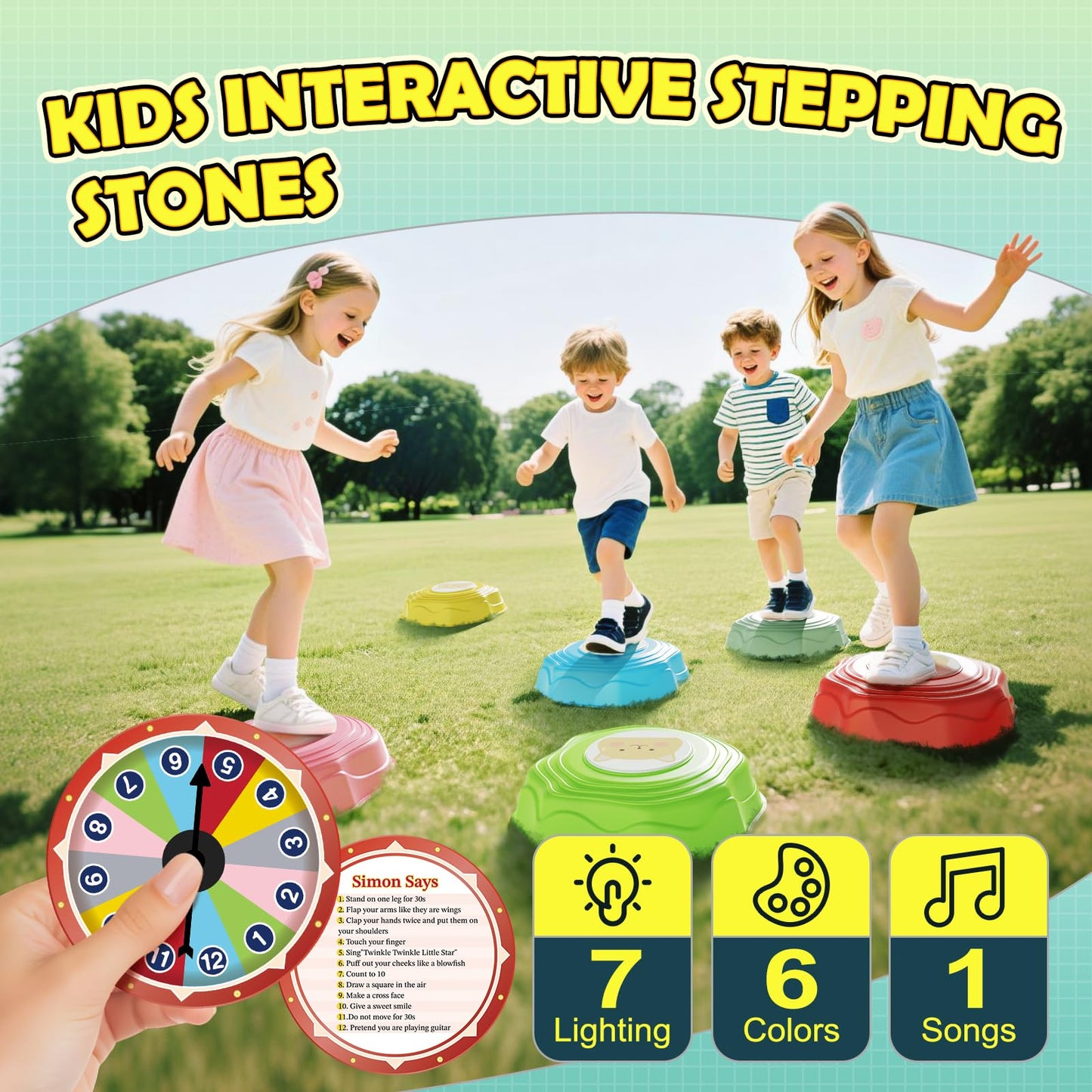 SS Stepping Stones for Kids - 6Pcs Balance Stones Kit with Interactive Light & Music, Indoor/Outdoor Sensory Toys for Ages 3-12, Perfect Christmas, Children's Day & Birthday Gift for Boys & Girls