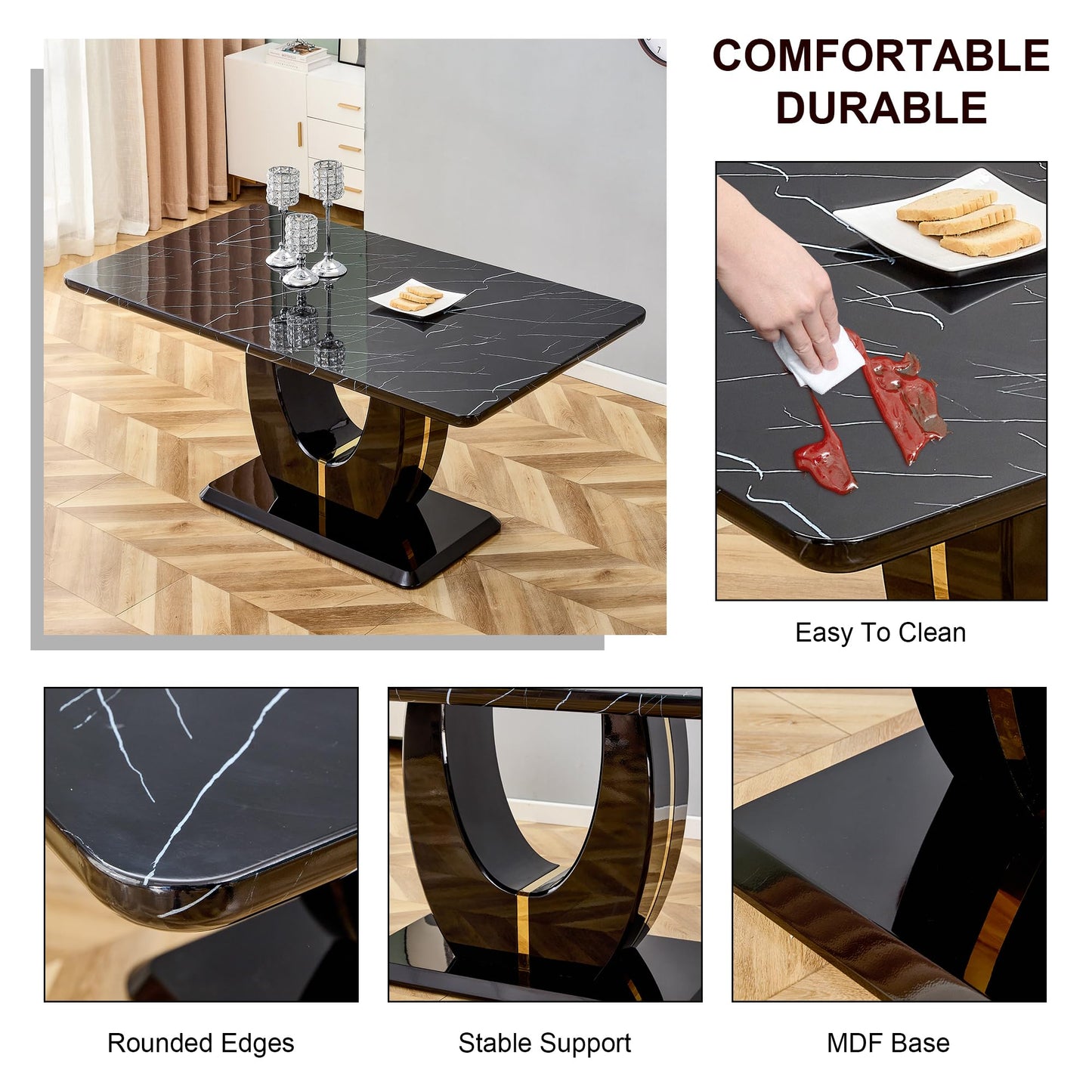 Btikita Dining Table Set for 6, Kitchen Table Chairs Set of 6, Modern Dining Room Set with 63 inch Marble Dinner Table PU Leather Upholstered Chairs for Dining Room Kitchen