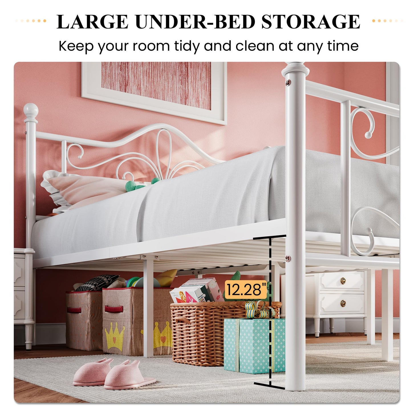 SHA CERLIN Queen Size Bed Frame with Headboard,Metal Bed Frame with Butterfly Pattern Design Headboard & Footboard,No Box Spring Needed,Easy Assembly,White