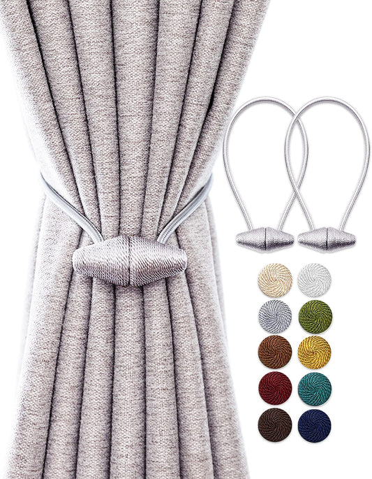 TECVINCI Magnetic Curtain Tiebacks with Upgrade Larger Magnet, 2 Pack 16 Inch Drapery Holdbacks for Indoor & Outdoor Curtain - Silver Grey