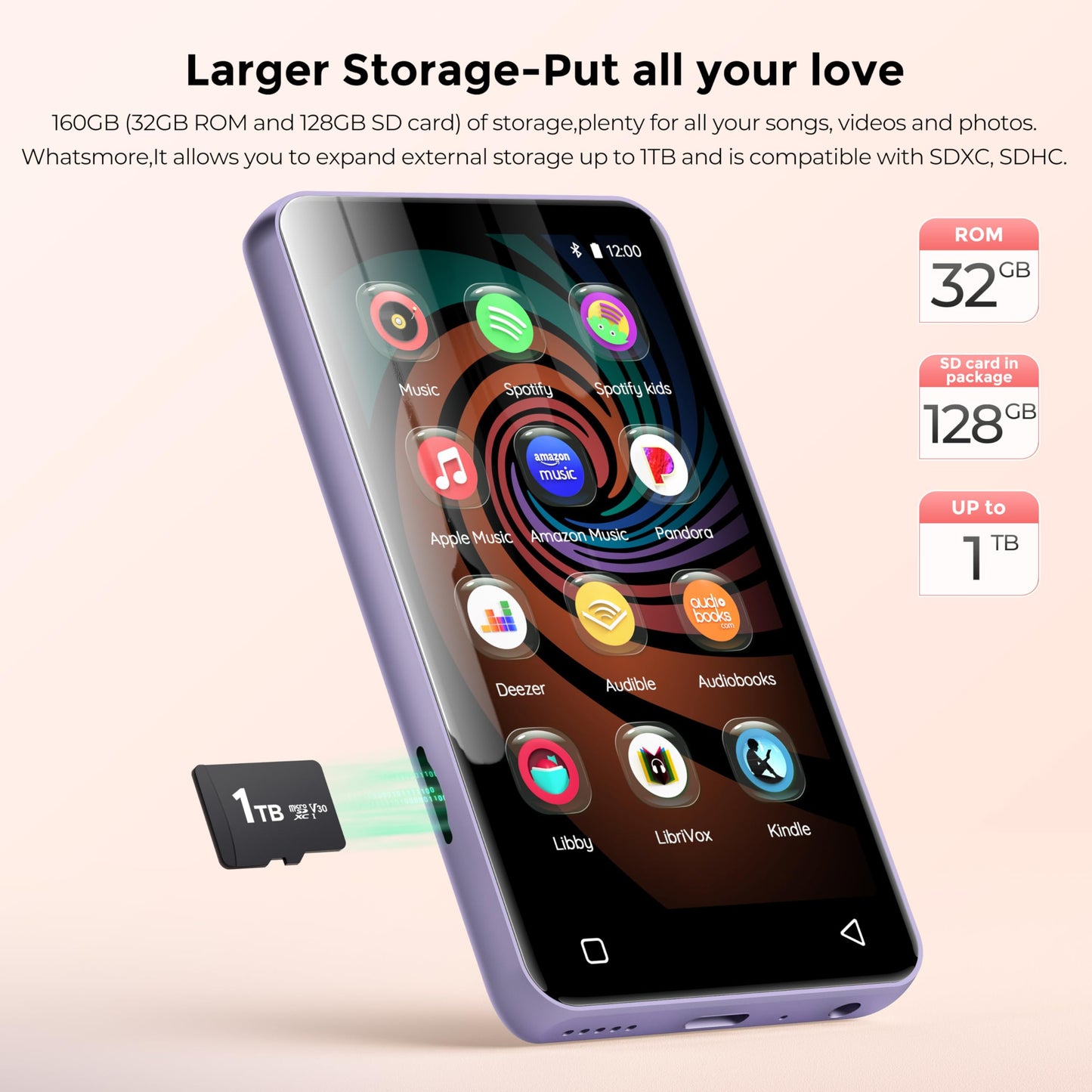 160GB MP3 Player with Bluetooth and WiFi, innioasis Music Player with Spotify,Pandora,Amazon Music,4" Touch Screen Android MP4 MP3 Player for Kids with Libby,Audible,Spotify Kids (Purple)