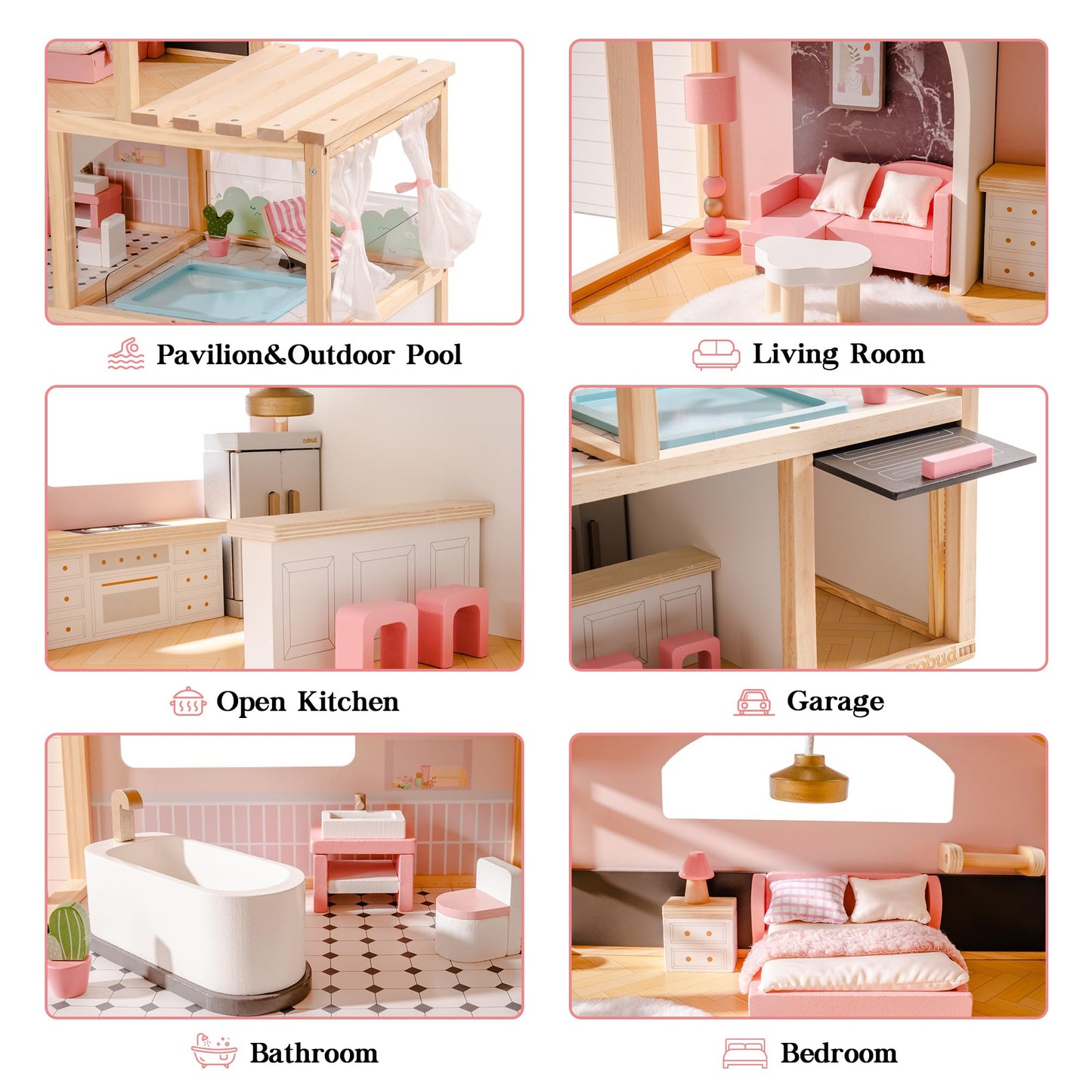 ROBUD Doll House, Wooden Dollhouse with 6 Rooms, 29-pcs Furniture Set, Working Elevator, Garage, Swimming Pool, Ideal Gift for Kids Ages 3+ (Black)