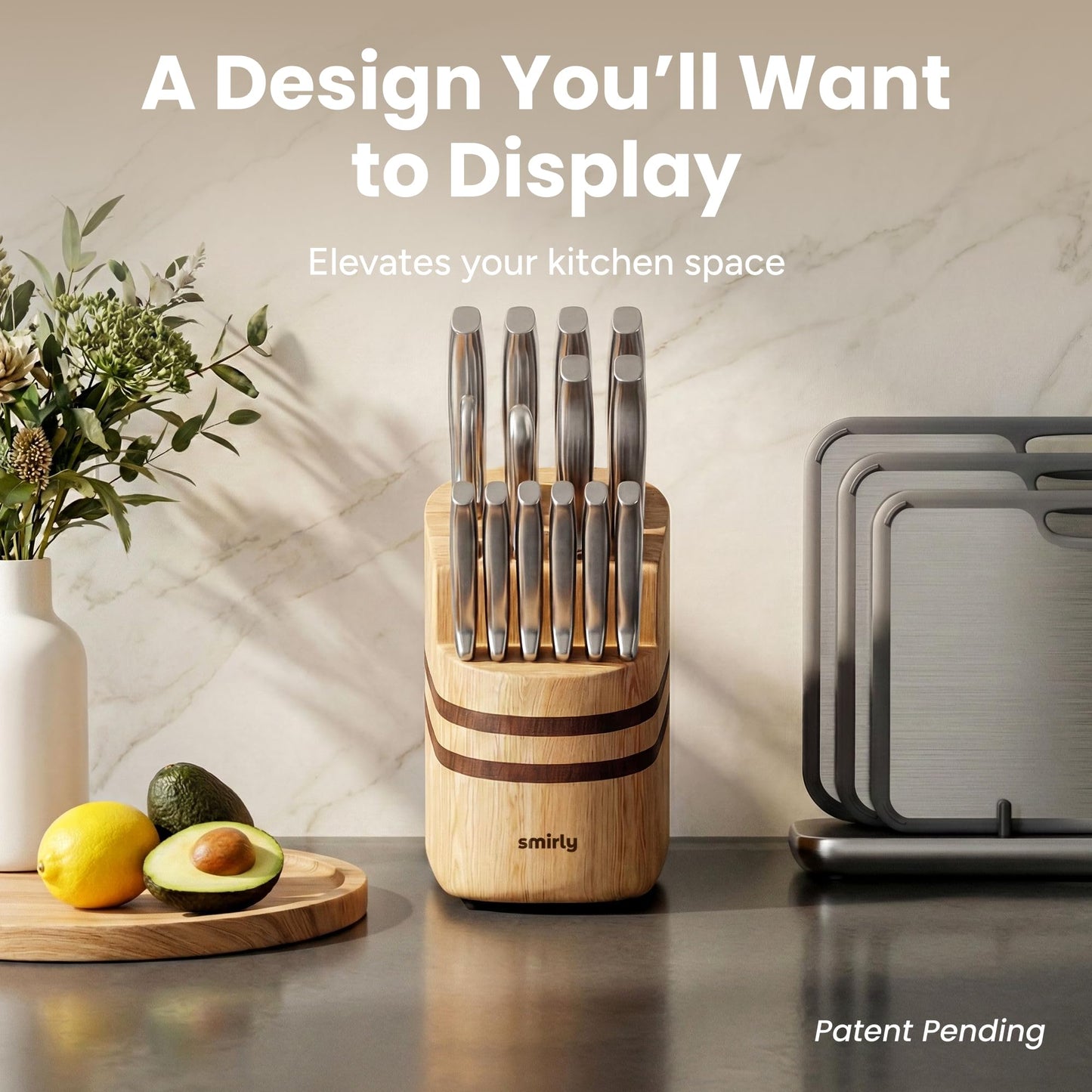 SMIRLY Knife Set - 15 Pieces Knives Set for Kitchen with Block and Sharpener - Stainless Steel Knife Set with Anti-Slip Ergonomic Handle for Steak Bread, Dishwasher Safe, House Warming Kitchen Gifts