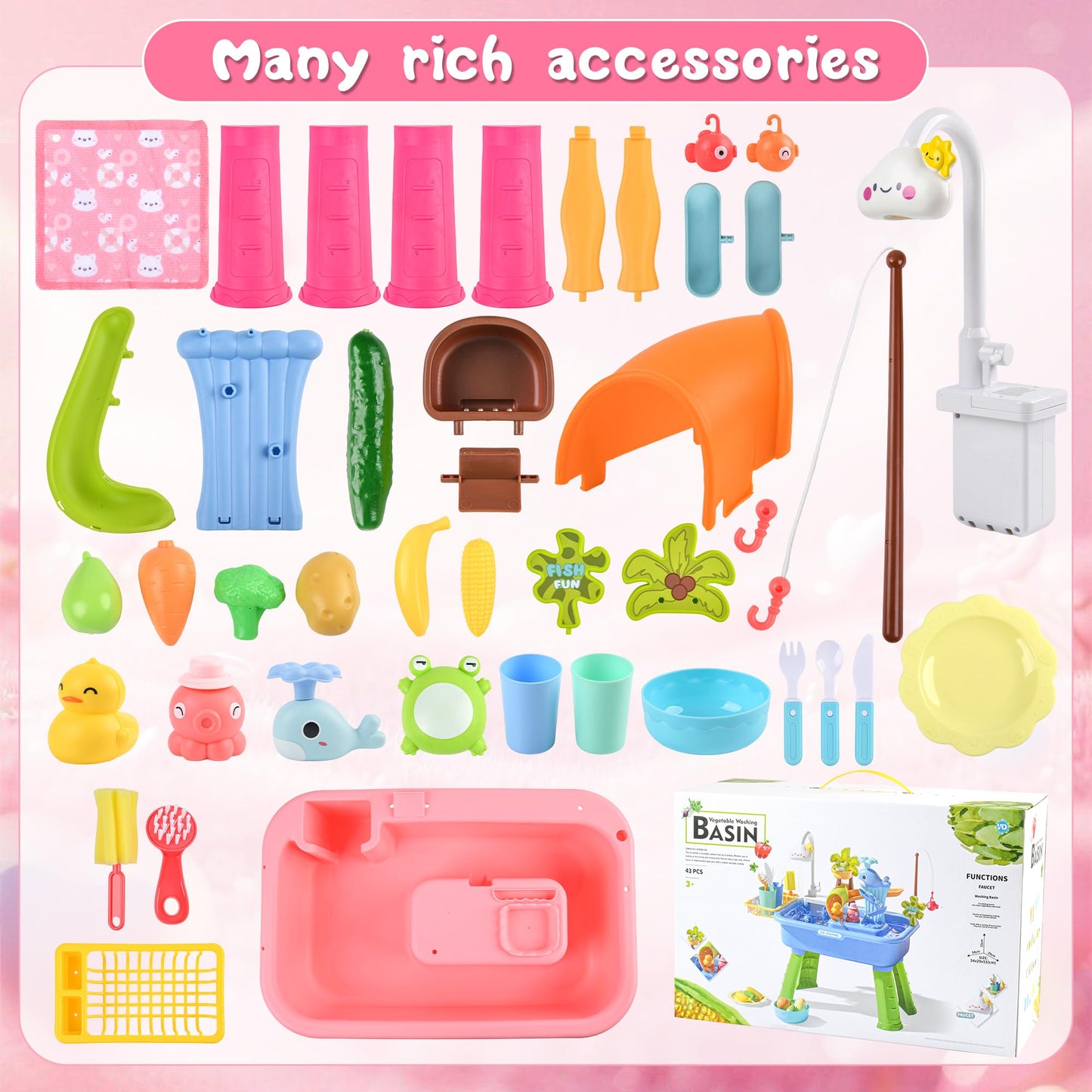 AZTWMYS Upgraded Toddler Sand Water Table Toy with Electric Water Pump, Kids Sand Water with Faucet/Play Food Accessories/Fishing Toy, Kitchen Play Sink Toys for Girl Boy Age 3+ (Pink)