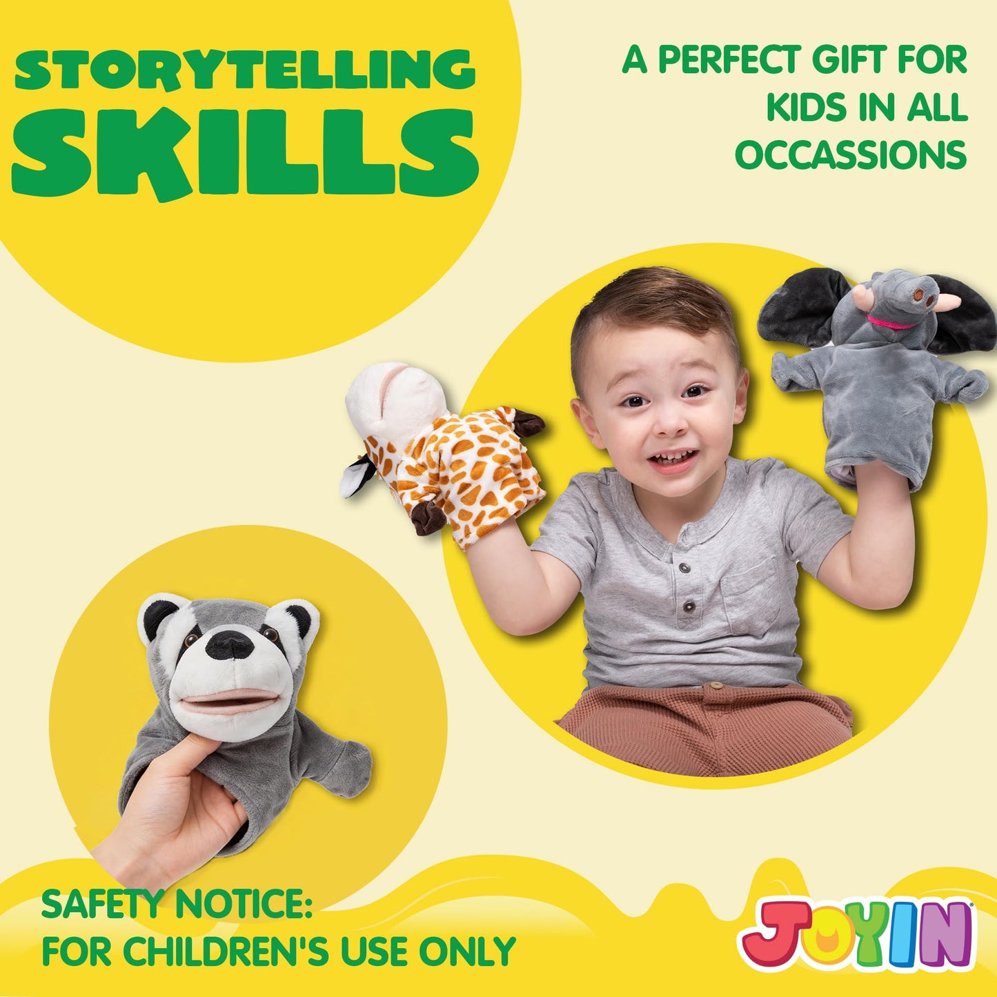 JOYIN 6Pcs Kids Hand Puppet Set with Working Mouth, Toddler Plush Toy Includes Elephant, Giraffe, Lion, Bear, Raccoon and Monkey for Show Theater, Easter Birthday Gifts for Kid