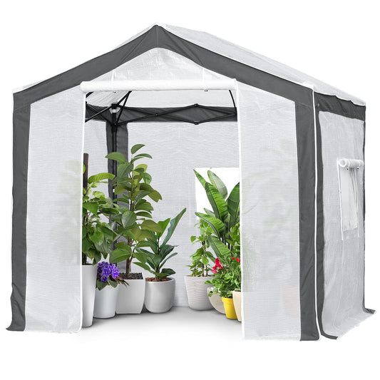 EAGLE PEAK 8x8 Portable Walk in Greenhouse with Polyester Reinforced Corners, Heavy Duty Instant Pop Up Indoor Outdoor Green House, Front Roll Up Zipper Entry Door and Mesh Windows, Gray/White
