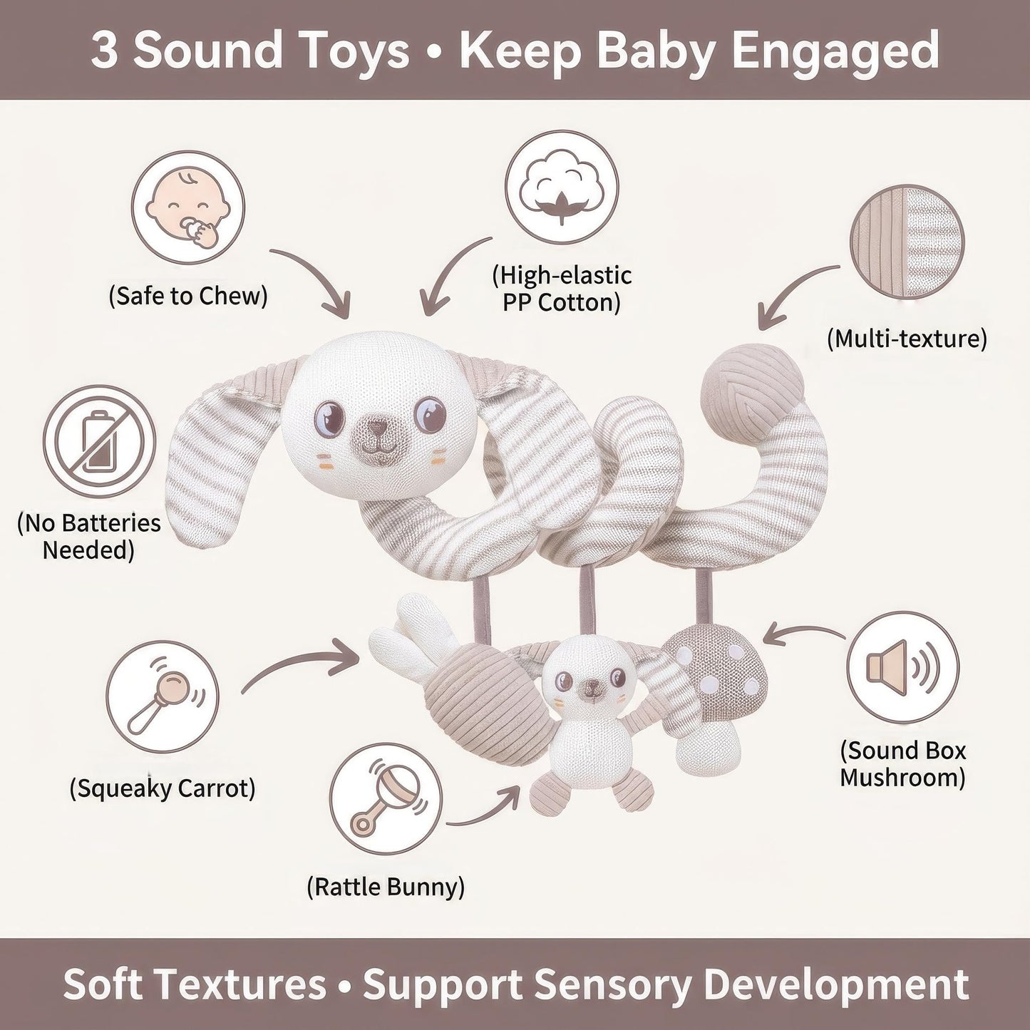 Carseat Toys Hanging Spiral Bunny – Car Seat Toys for Babies, Stroller Toys for Babies 0-6-12 Months, Crib Toys Hanging & Baby Hanging Toys, Newborn Infant, for Baby Gym & Stroller Toy