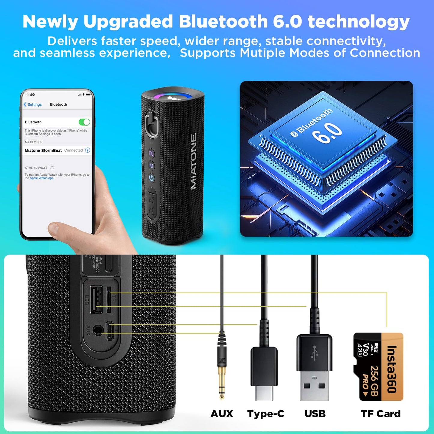 MIATONE Bluetooth Speaker 40W BT 6.0 Outdoor Portable Bluetooth Speakers with 3 EQ,Deep Bass,24H Playtime TWS,IPX7 Waterproof Shower Speakers Bluetooth Wireless Portable Speaker for Party/Beach-Black