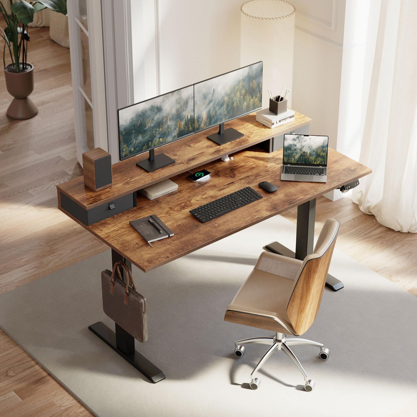 Klicelor 55 Inch Electric Standing Desk with Drawers, Adjustable Height Small Sit Stand Desk for Home Office, Compact Computer Workstation with Storage– Rustic Brown