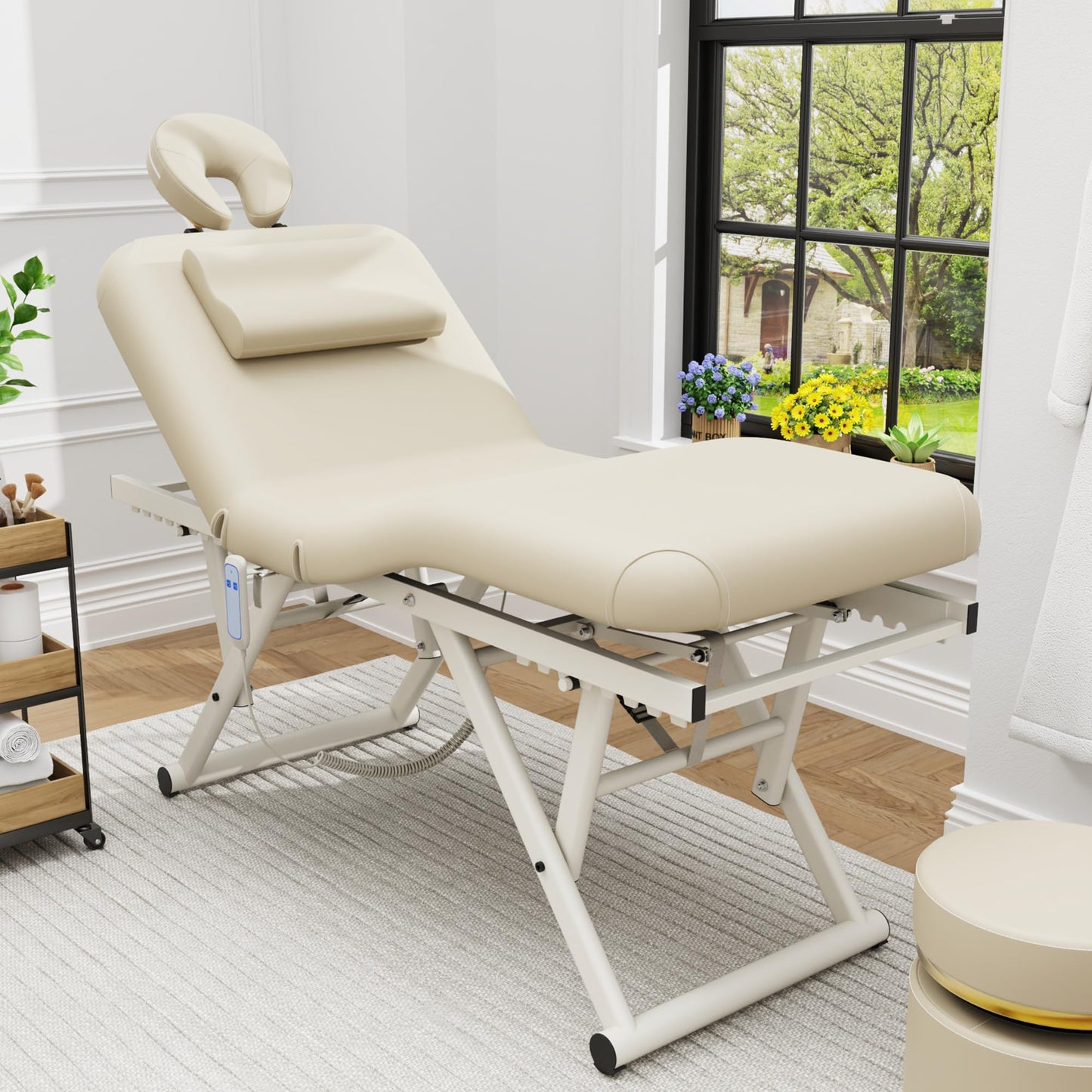 Adjustable Massage Table with Face Pillow & Headrest for Treatment Table Physical Therapy Table Spa Facial Bed - Manual Adjustable Height & Backrest, Remote Control Electric Leg Lifting - Beige Gray