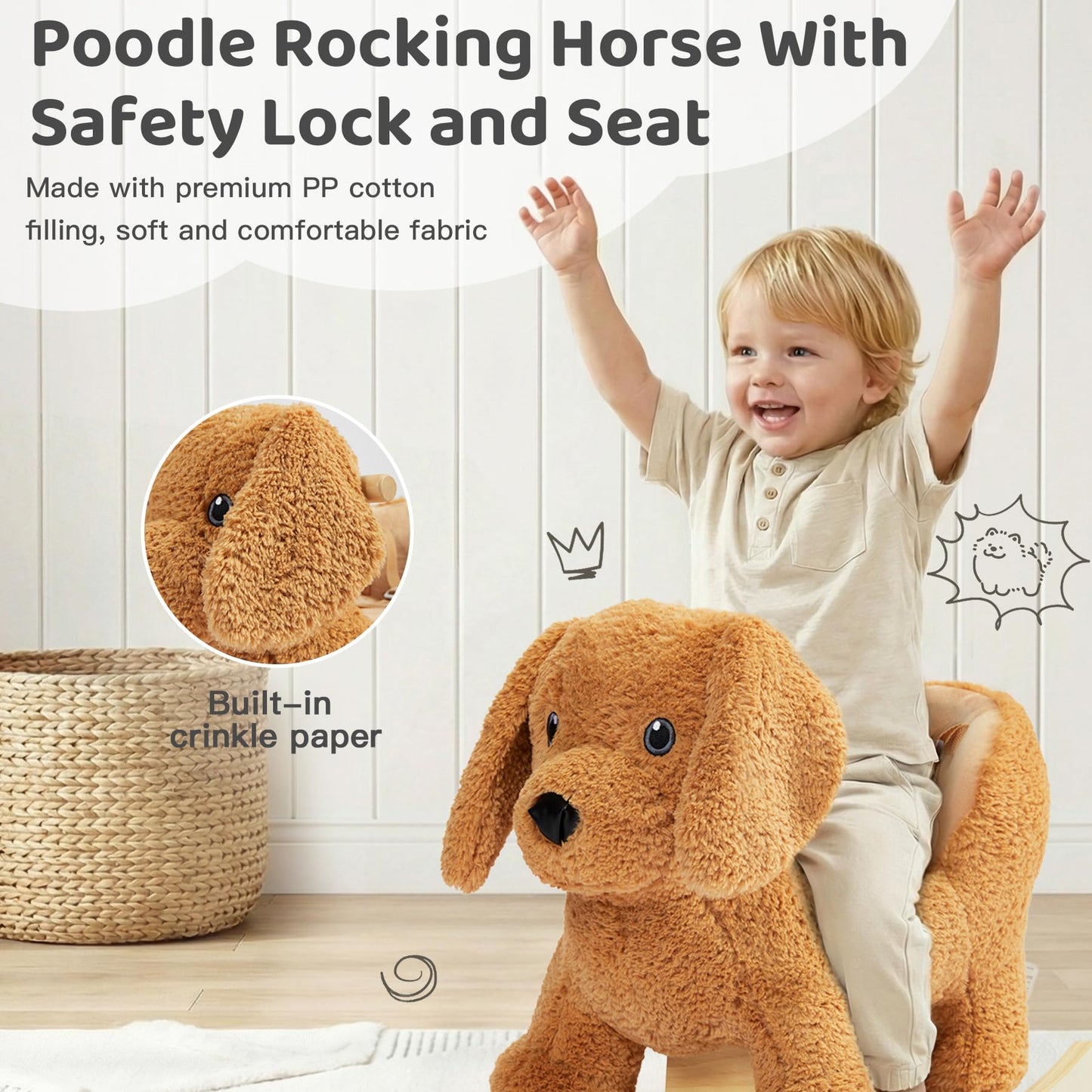 Baby Rocking Horse,Poodle Wooden Rocking Horse for Toddlers 1 Year Old Cute Dog Stuffed Plush Ride-on Toy Rocking Animal for Baby Boys and Girls Nursery/Child Christmas or Birthday Gift