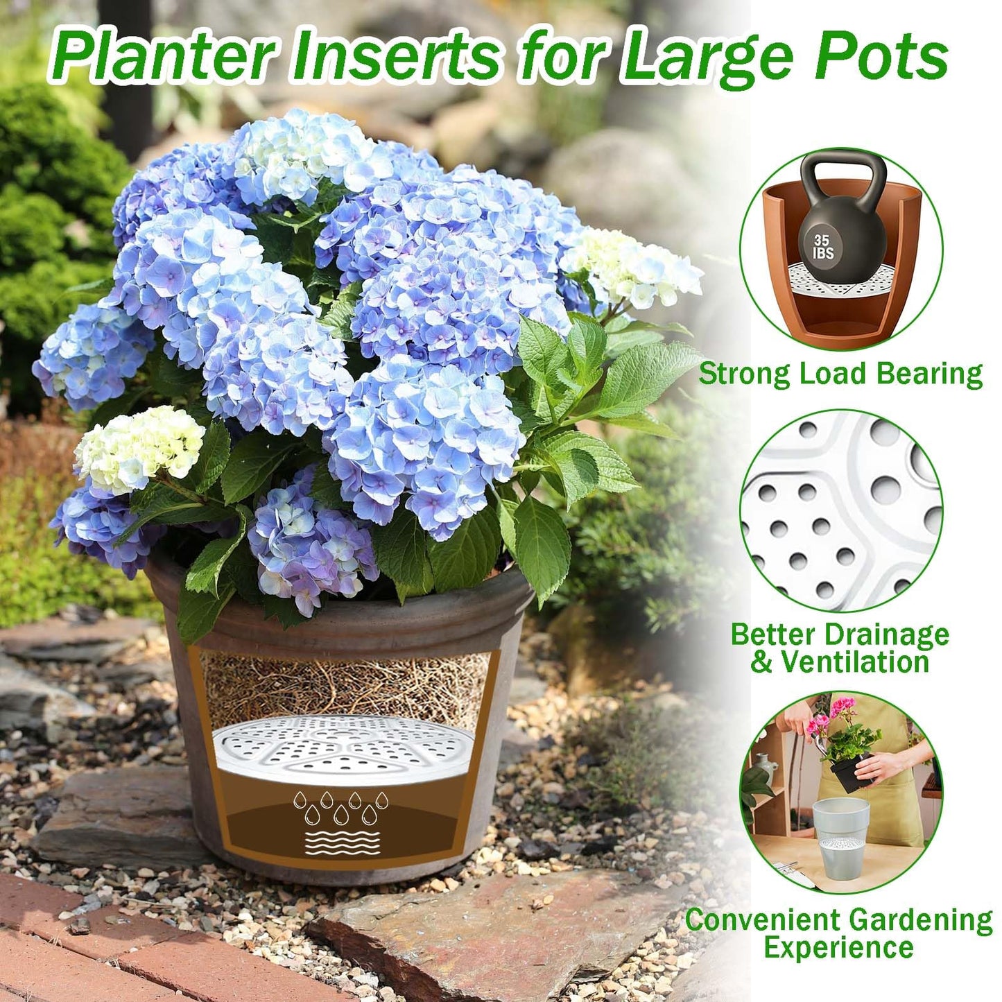 3PCS Round Planter Inserts for Large Tall Pots, 13" Stainless Steel Flower Pot Lift Insert Portable Planter Accessories Circular Plant Risers for Inside Pots with Drainage Hole, Use Less Potting Soil