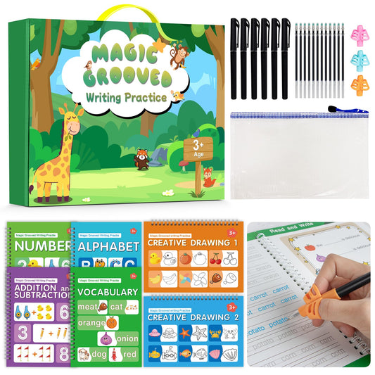 Hoarecal Magic Grooved Writing Practice Book for Kids Ages 3–8, 6 Reusable Handwriting Practice Books with 6 Pens, 12 Refills, 3 Soft Grips, Preschool Learning Activities Gifts for Boys and Girls
