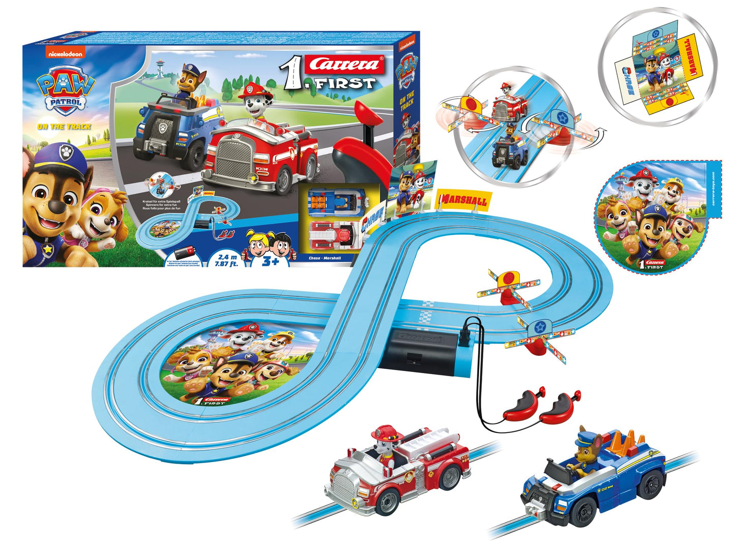 Carrera First PAW Patrol - On The Track Slot Car Race Track - Includes 2 Cars: Chase and Marshall - Battery-Powered Beginner Racing Set for Kids Ages 3 Years and Up