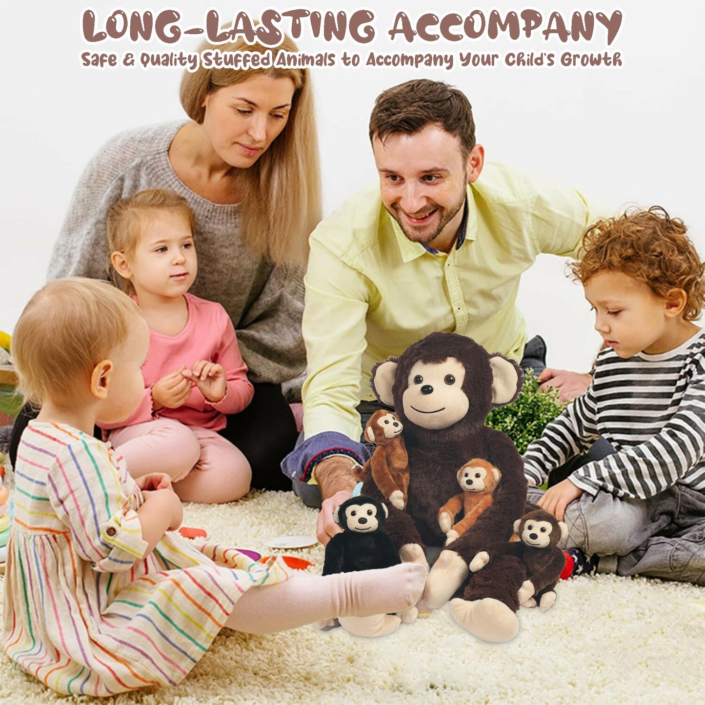 5 PCS Monkey Stuffed Animal, Large Huggable Stuffed Monkey Plush Toys with 4 Baby Monkeys for Kids, Hanging Monkeys Plushies Gifts for Boys Girls Easter Christmas Birthday Jungle Forest Party Decor