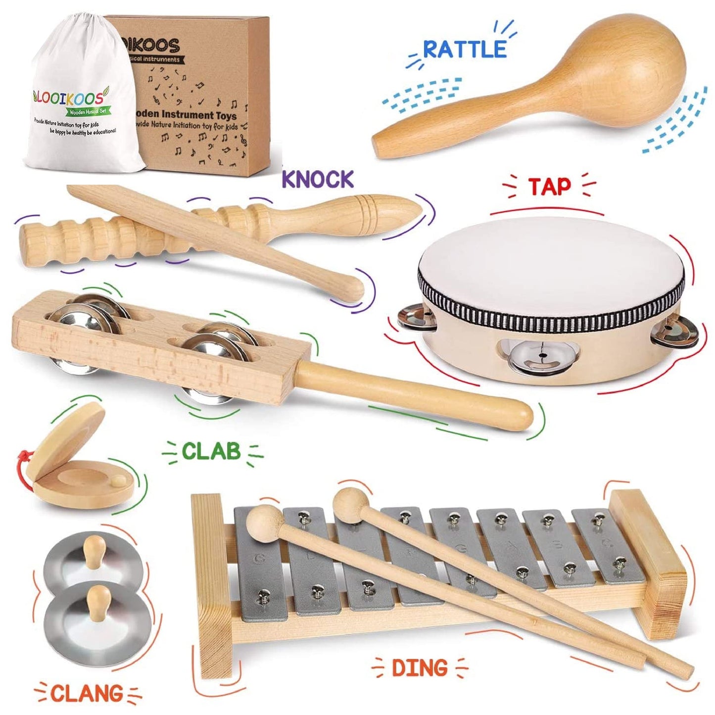LOOIKOOS Toddler Musical Instruments, Eco Friendly Music Set for Kids Preschool Educational, Natural Wooden Percussion Instruments Musical Toys for Boys and Girls with Storage Bag