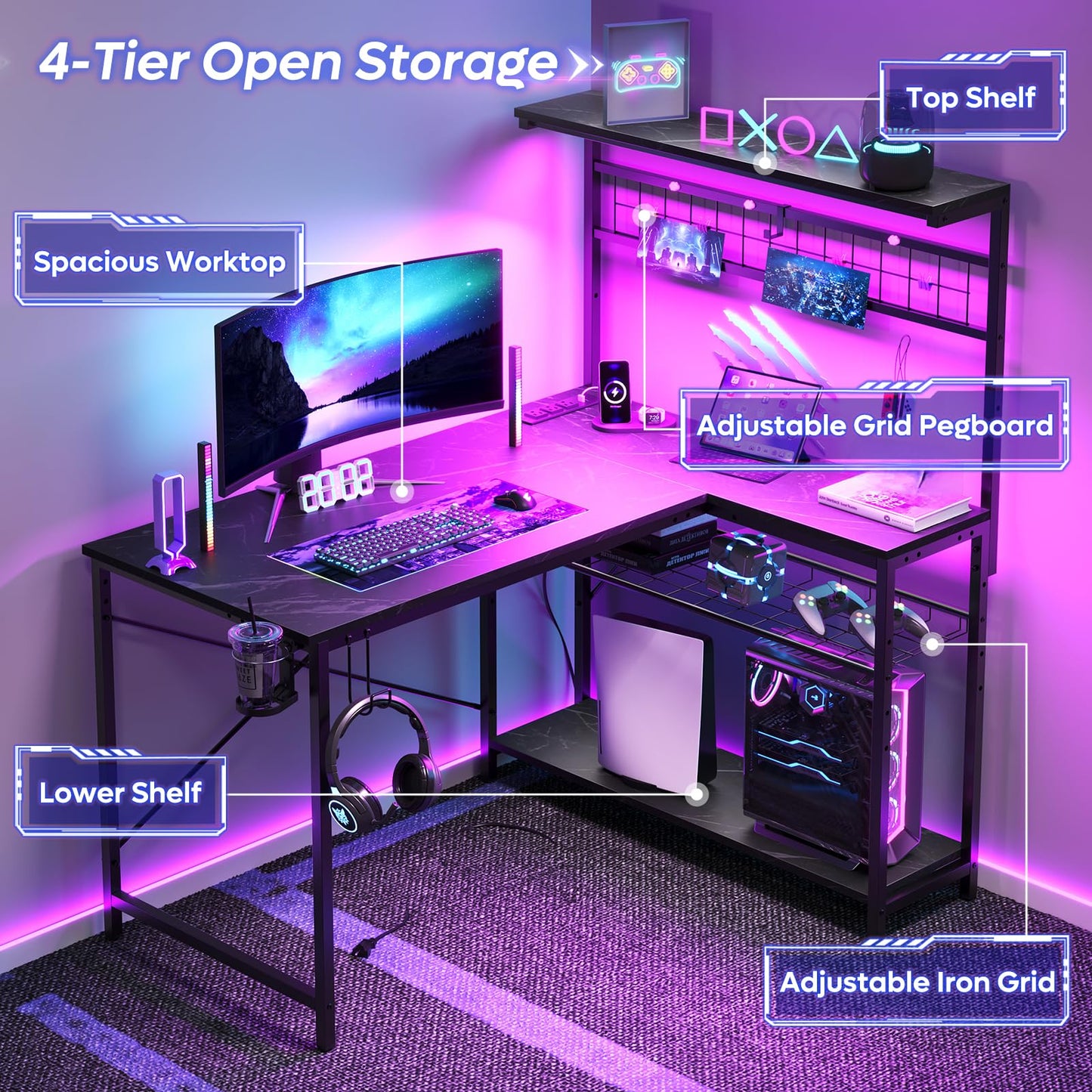Bestier 42 L Shaped Gaming Desk, Computer Desk with Power Outlets & LED Light, Reversible Corner Desk with Shelves, Home Office Desk with Storage, Black Marble