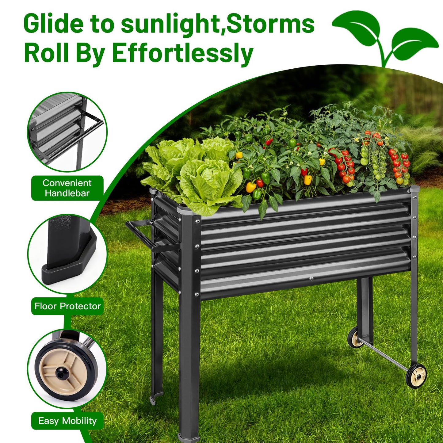 Land Guard 2 Pack Galvanized Raised Garden Bed with Legs & Wheels, 48×18×32in Metal Elevated Raised Planter Box for Backyard, Patio, Balcony, 500lb Capacity, Dark Grey