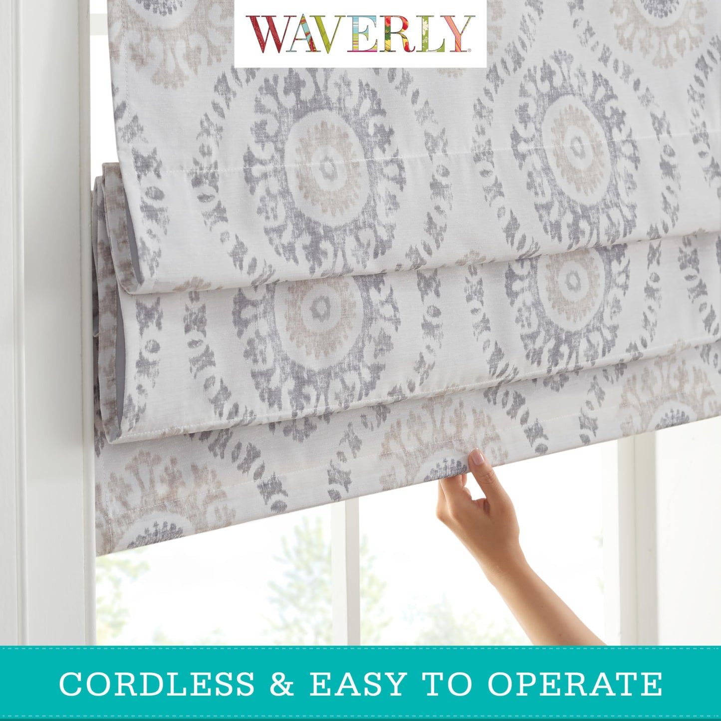 Waverly Adonis Medallion 100% Blackout Roman Shade, Cordless and Noise Reducing Window Shade for Privacy, Thermal Window Treatments for Energy Saving Benefits, 23 in Wide x 64 in Long, Natural