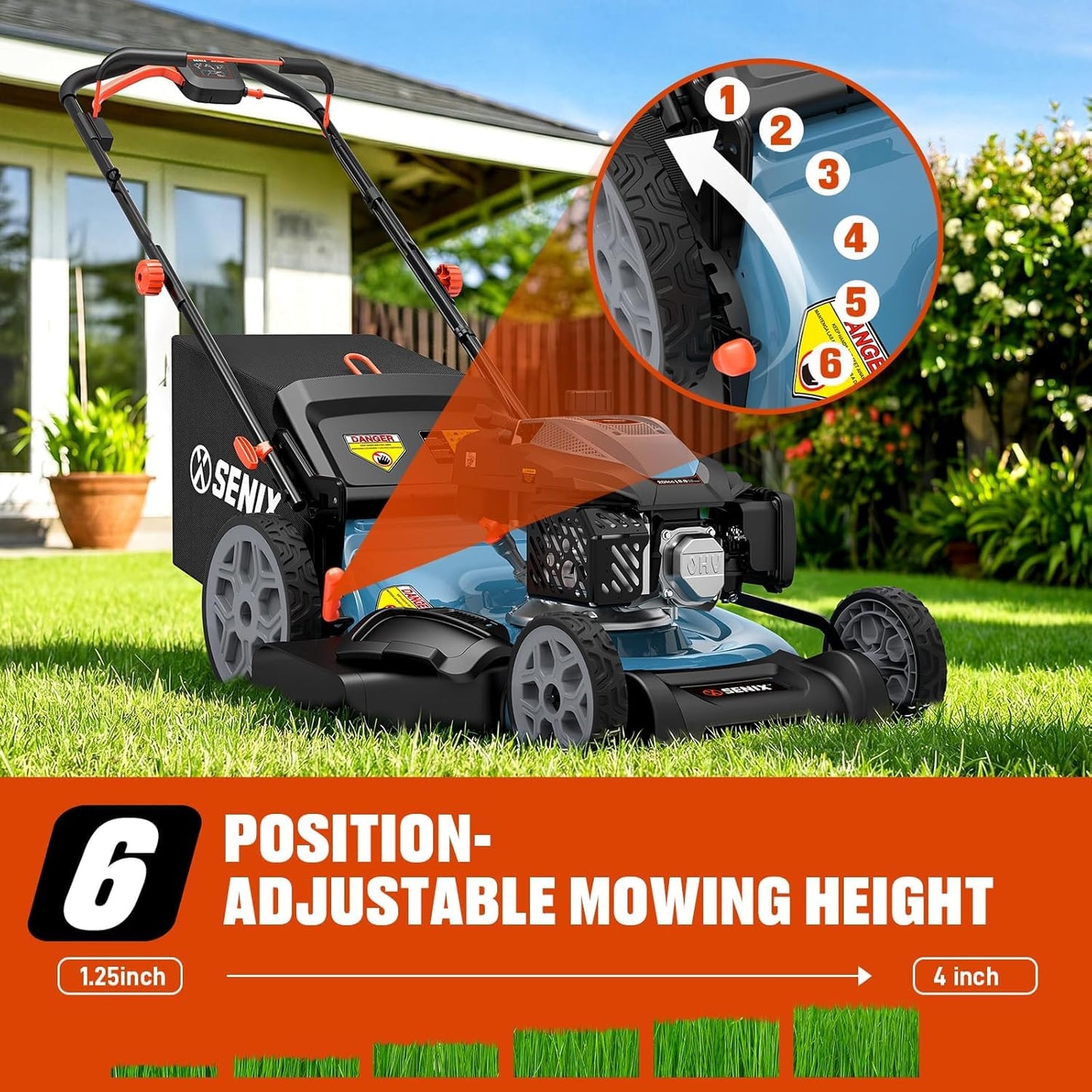 SENIX Gas Lawn Mower, 22" Self Propelled Gas Powered Lawnmower with 170cc OHV 4-Cycle Engine, 3-in-1 Walk-Behind Push Lawn Mower, 6-Position Height Adjustment