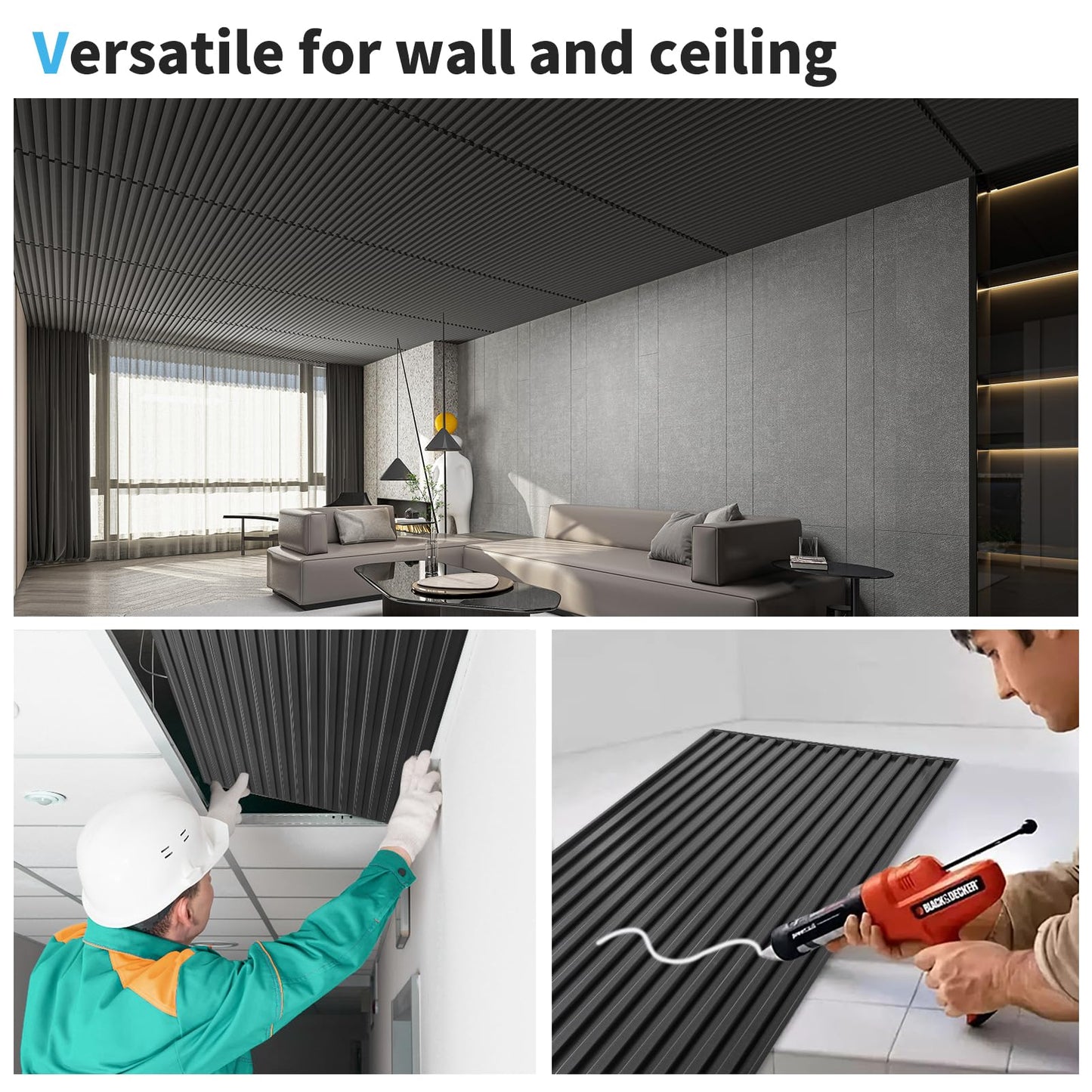 Art3d 6-Pack Slat Design 3D Wall Panels for Interior Wall Decor, 2x4 FT PVC Decorative Drop Ceiling Tiles - Black