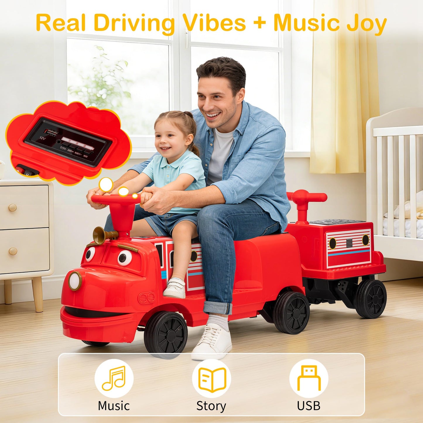 GarveeLife 2 Seater Ride On Train Trackless, 12V Kids Ride On Toy with Height Adjustable Seat, Storage Space, Music, 2 Speeds, Electric Car for Toddlers 3+ Carriage Not Included-Red