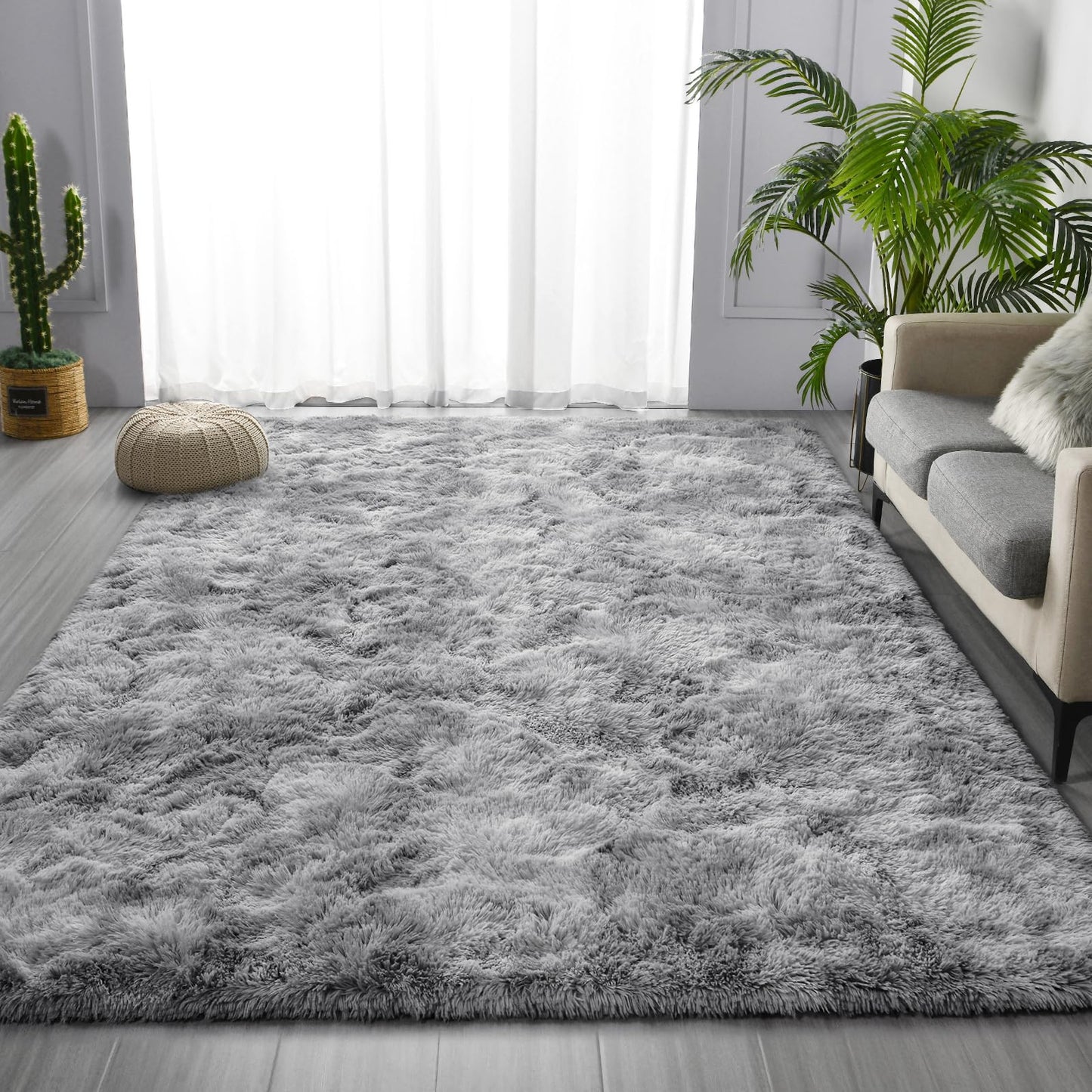 Deerhoo Large Shag Area Rugs 6 x 9, Tie-Dyed Plush Fuzzy Rug for Living Room, Ultra Soft Fluffy Furry Rugs for Bedroom, Indoor Carpet Nursery Rugs for Kids Room Home Decor, Light Grey