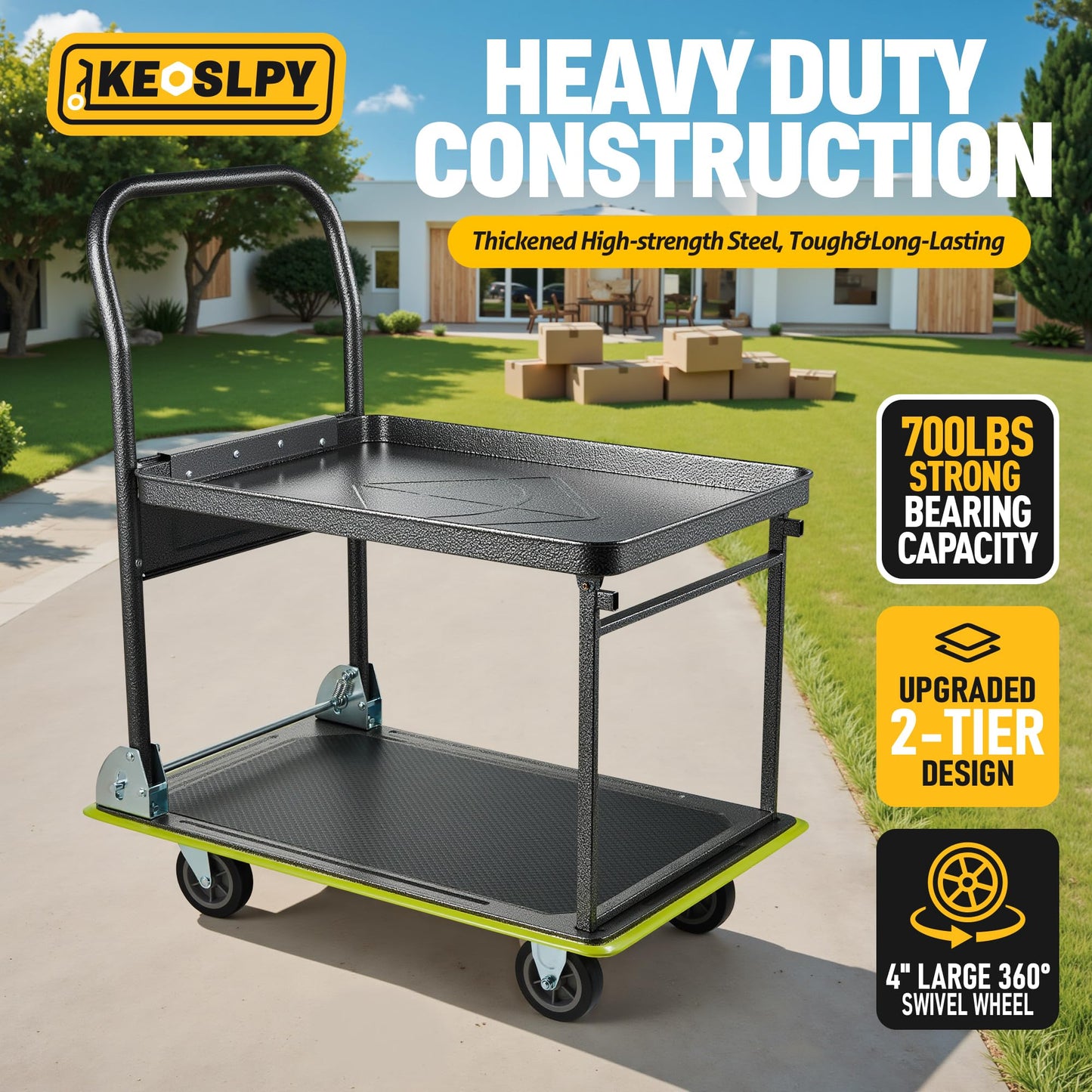 Keoslpy Upgraded Push Cart Dolly, 700lbs Foldable Platform Cart with Wheels, 2 Tier Heavy Duty Platform Truck, Moving Flatbed Cart for Warehouse, Garage, Workshop, Office 28.75" x 18.5" x 34"